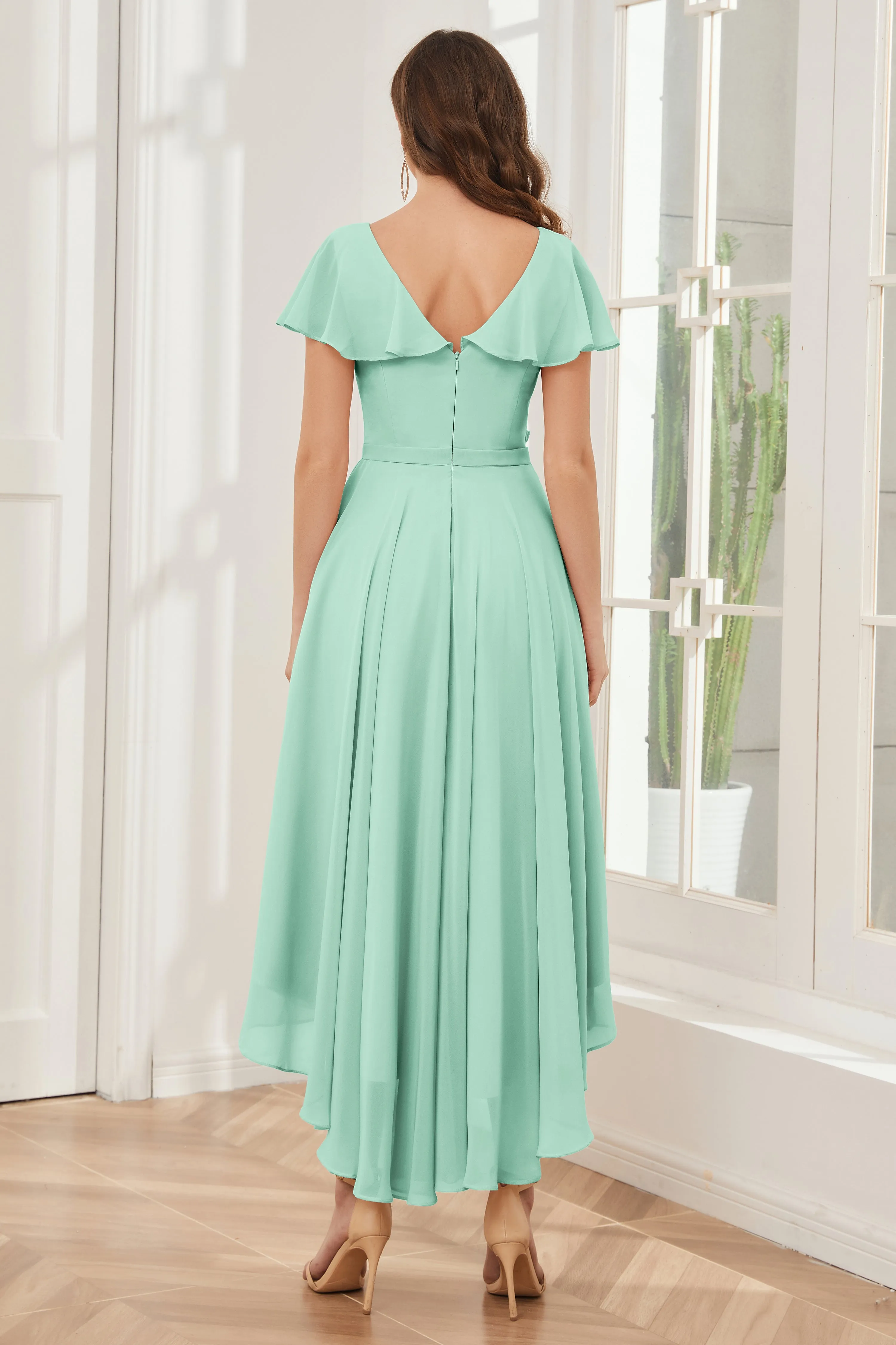 High Low Short Sleeves Bridesmaid Dresses with Pockets