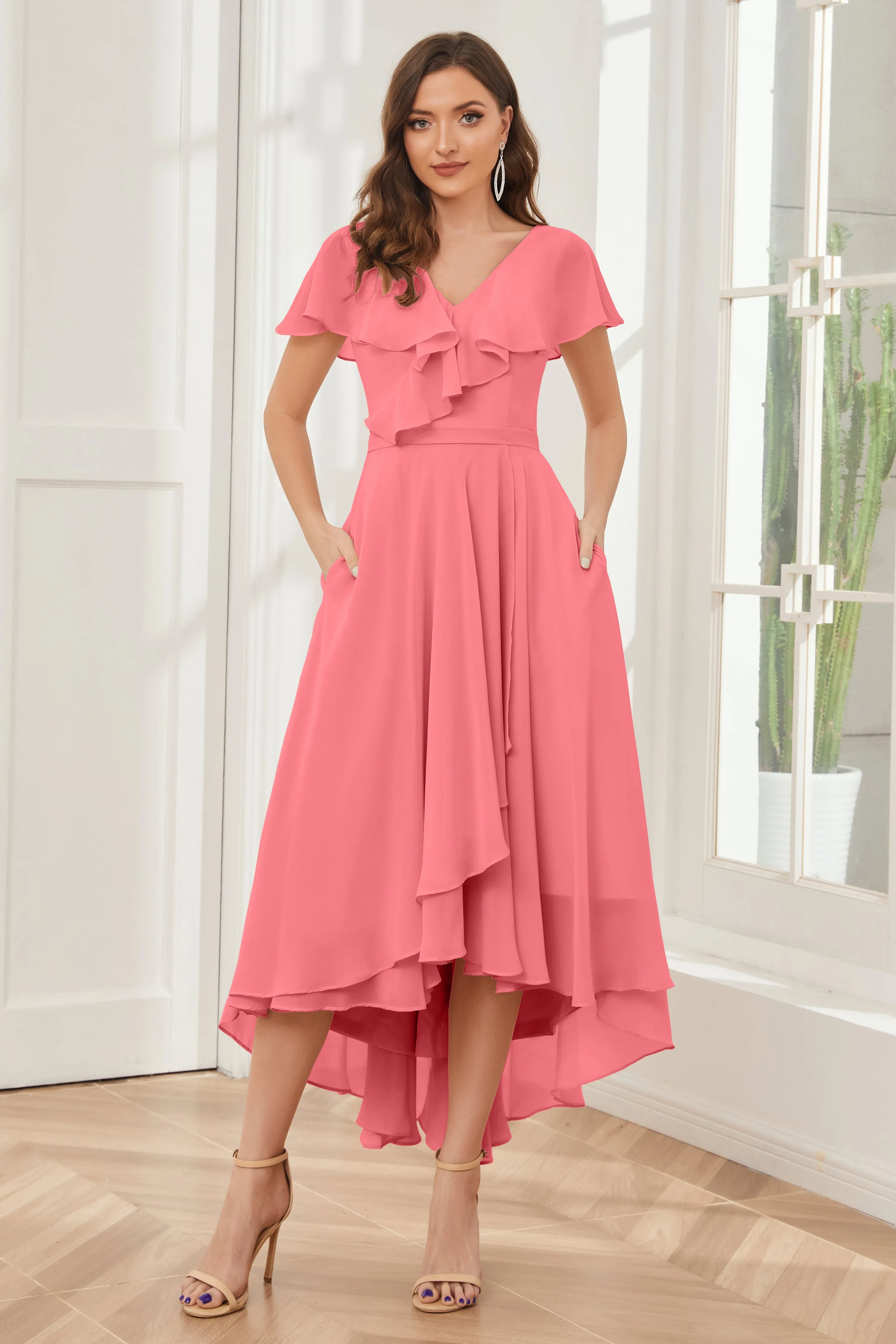 High Low Short Sleeves Bridesmaid Dresses with Pockets