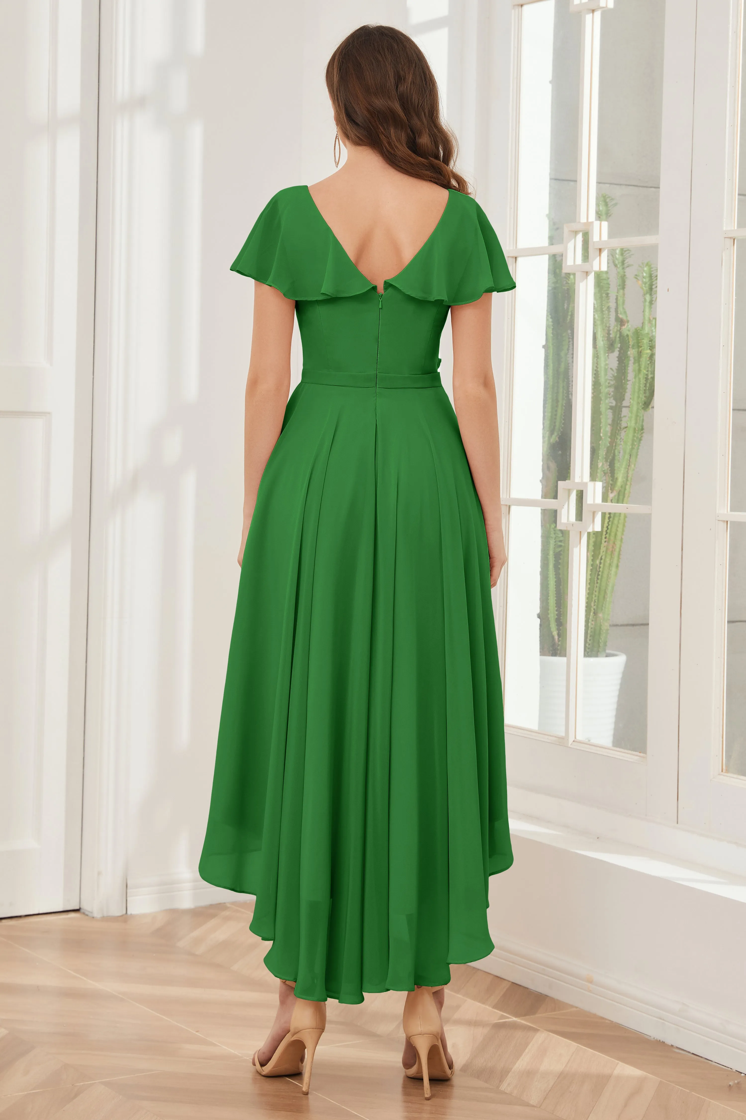 High Low Short Sleeves Bridesmaid Dresses with Pockets