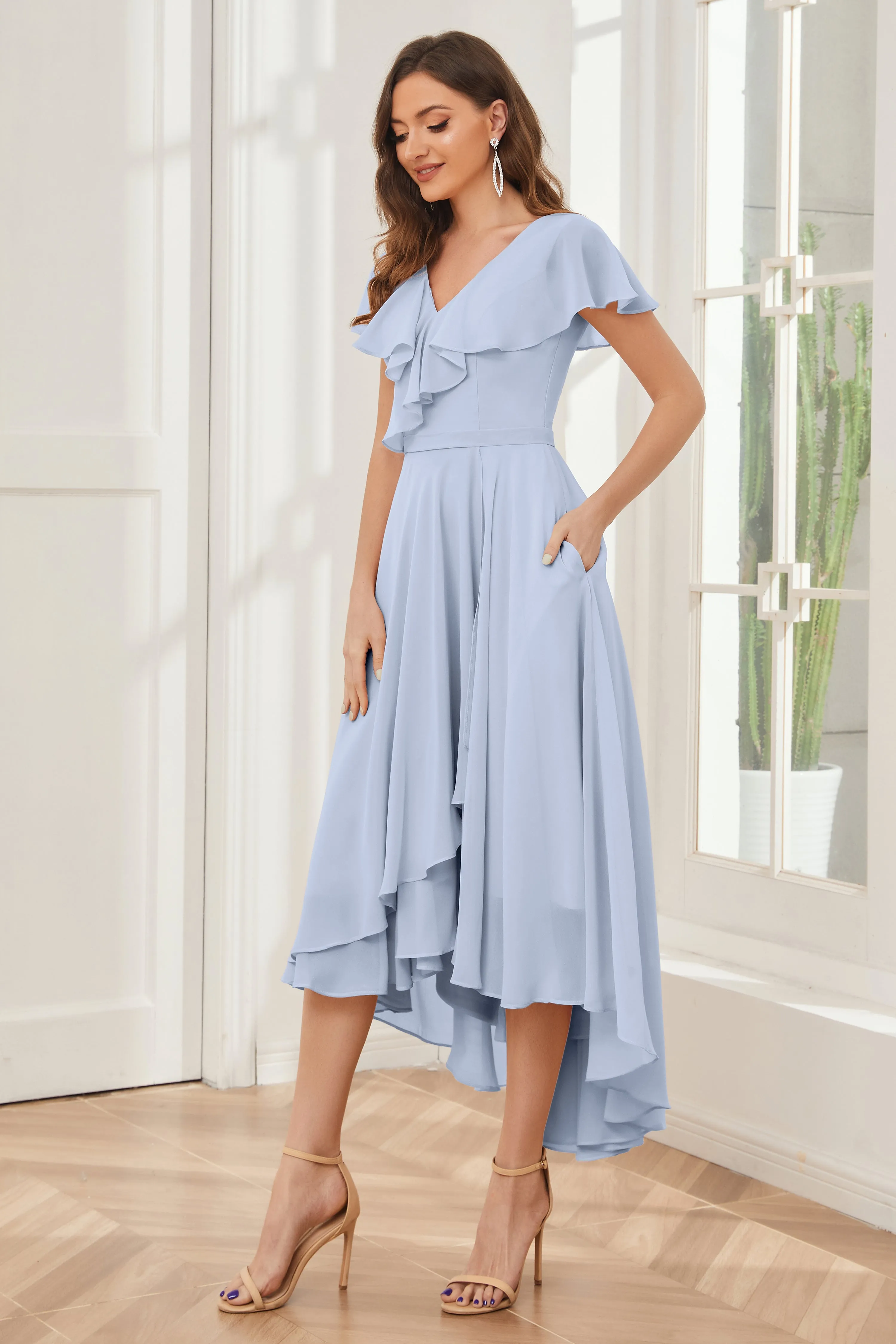 High Low Short Sleeves Bridesmaid Dresses with Pockets