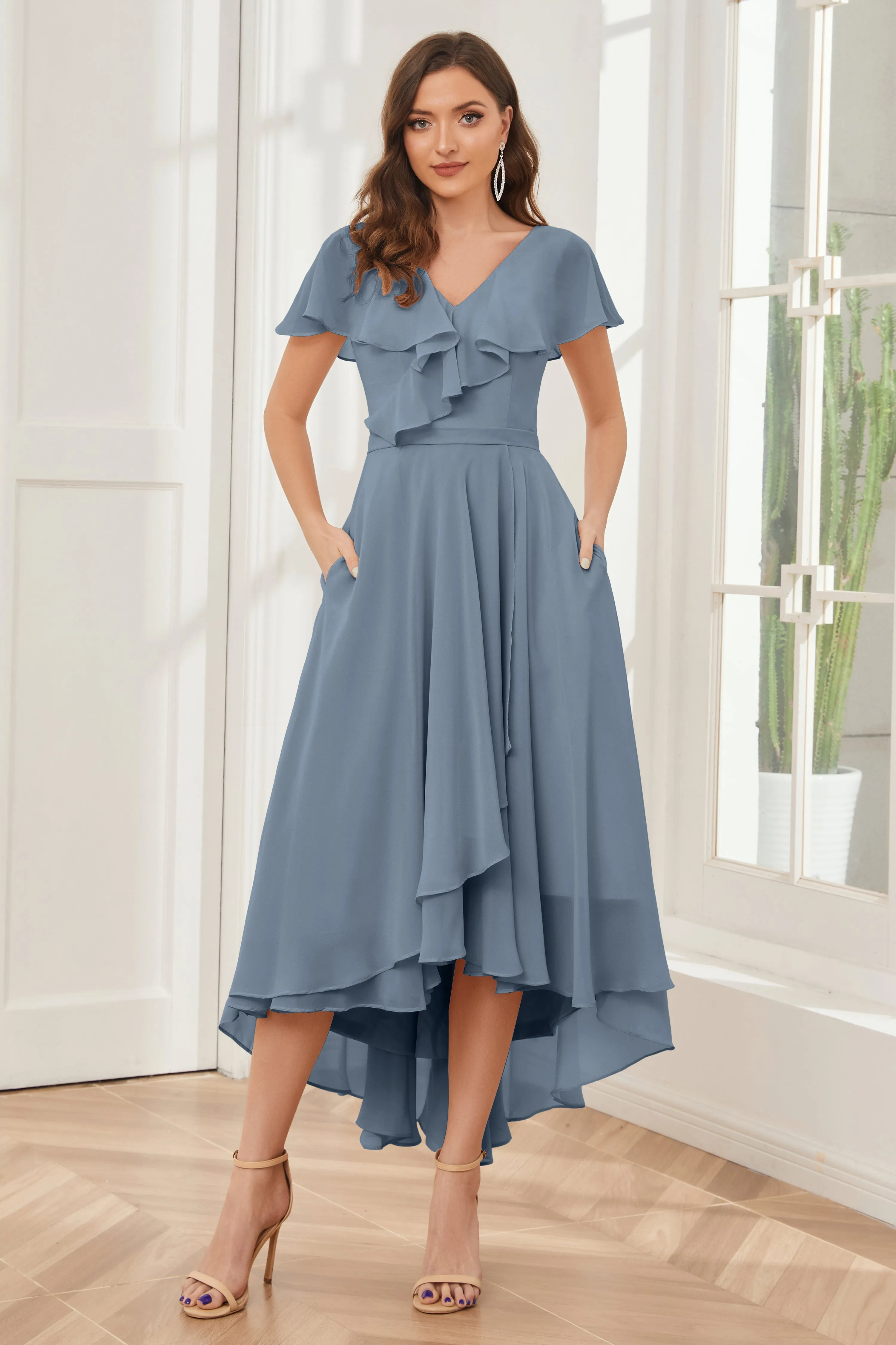 High Low Short Sleeves Bridesmaid Dresses with Pockets