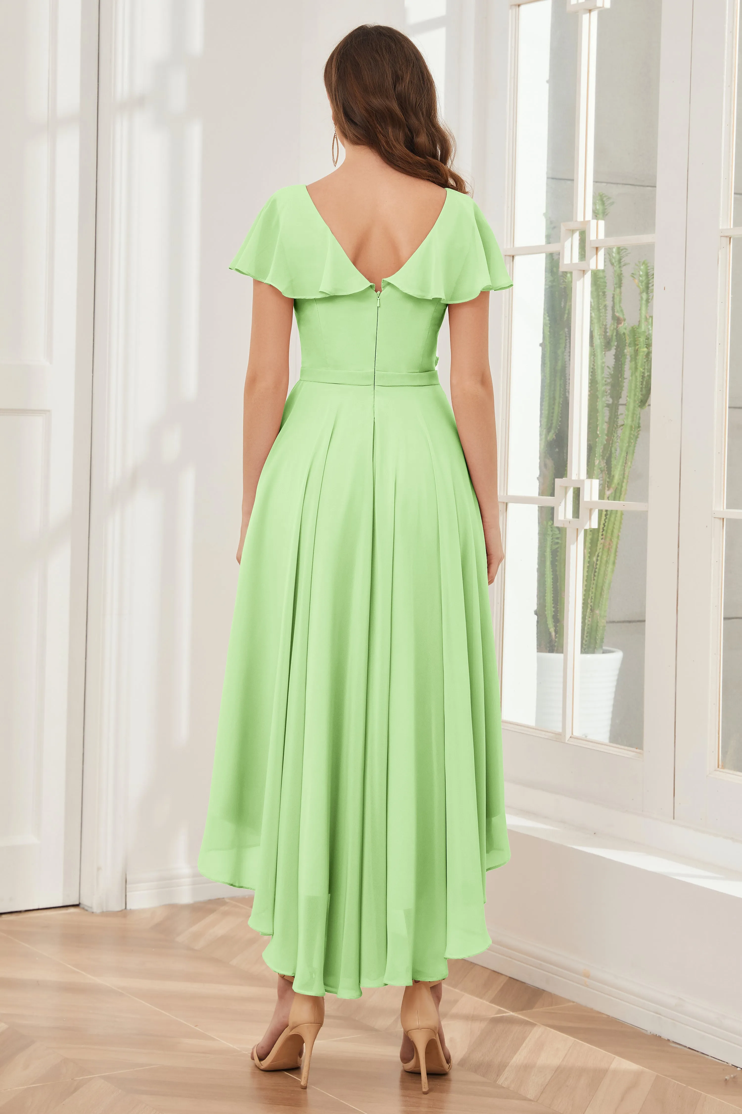 High Low Short Sleeves Bridesmaid Dresses with Pockets