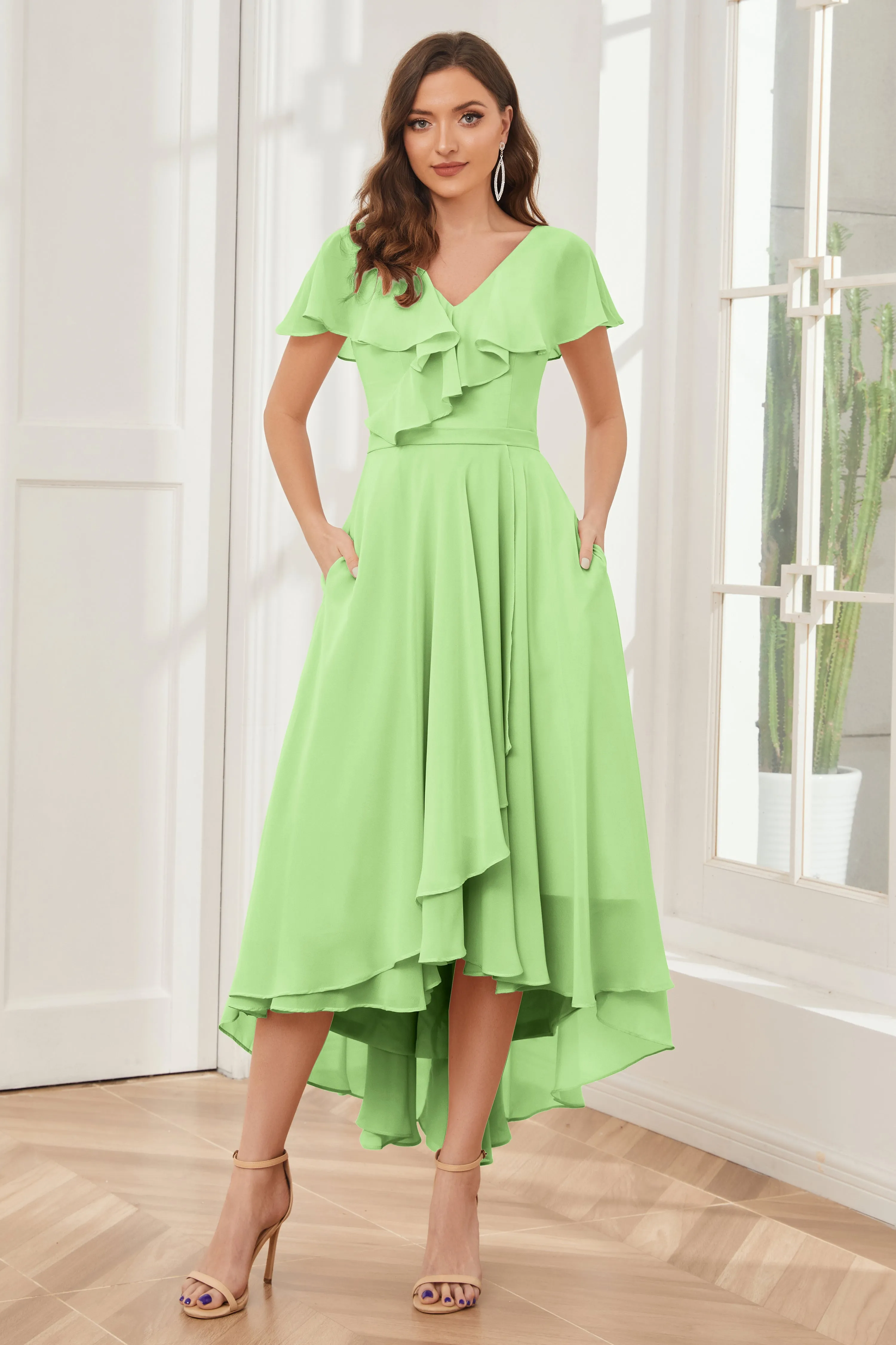 High Low Short Sleeves Bridesmaid Dresses with Pockets