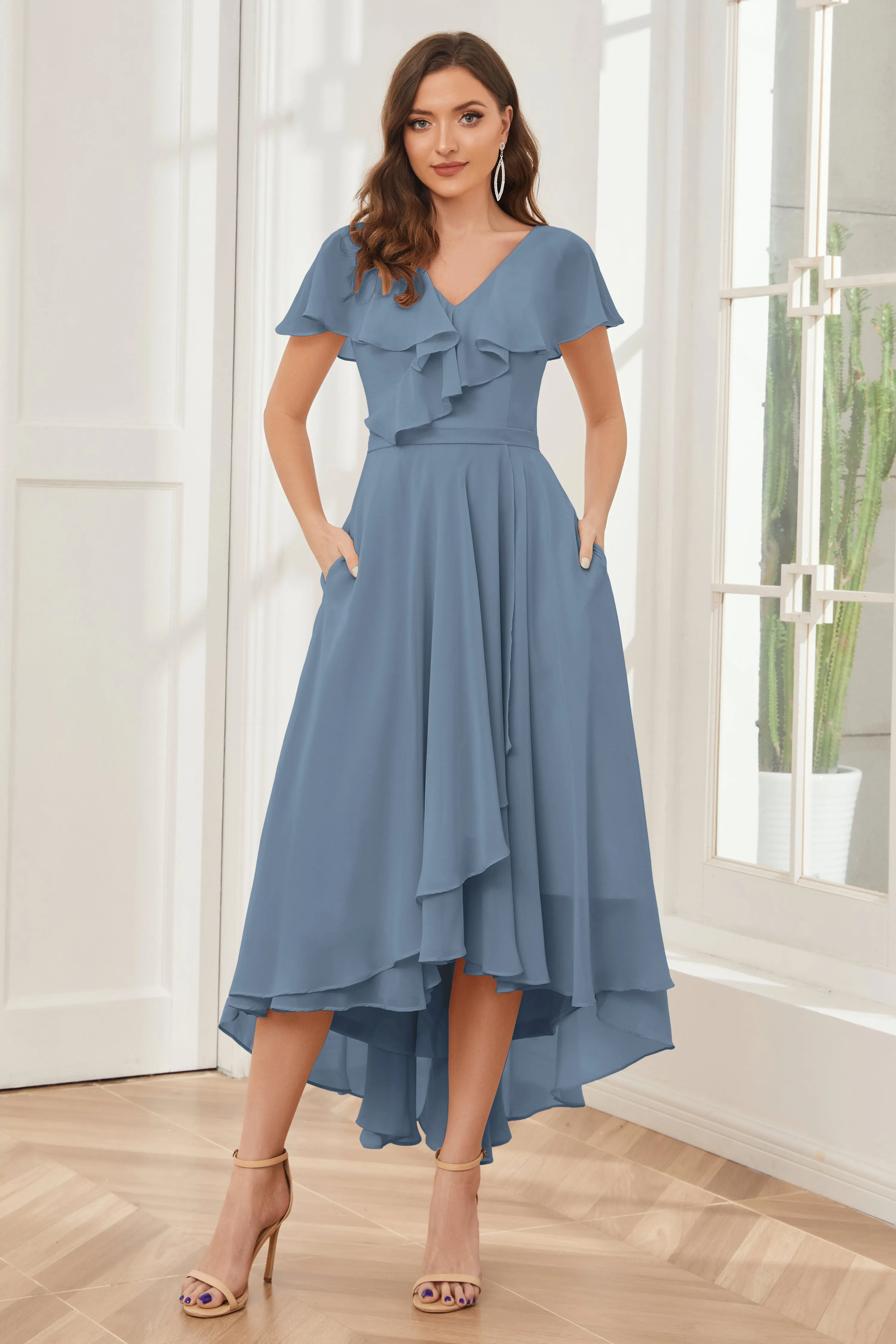 High Low Short Sleeves Bridesmaid Dresses with Pockets