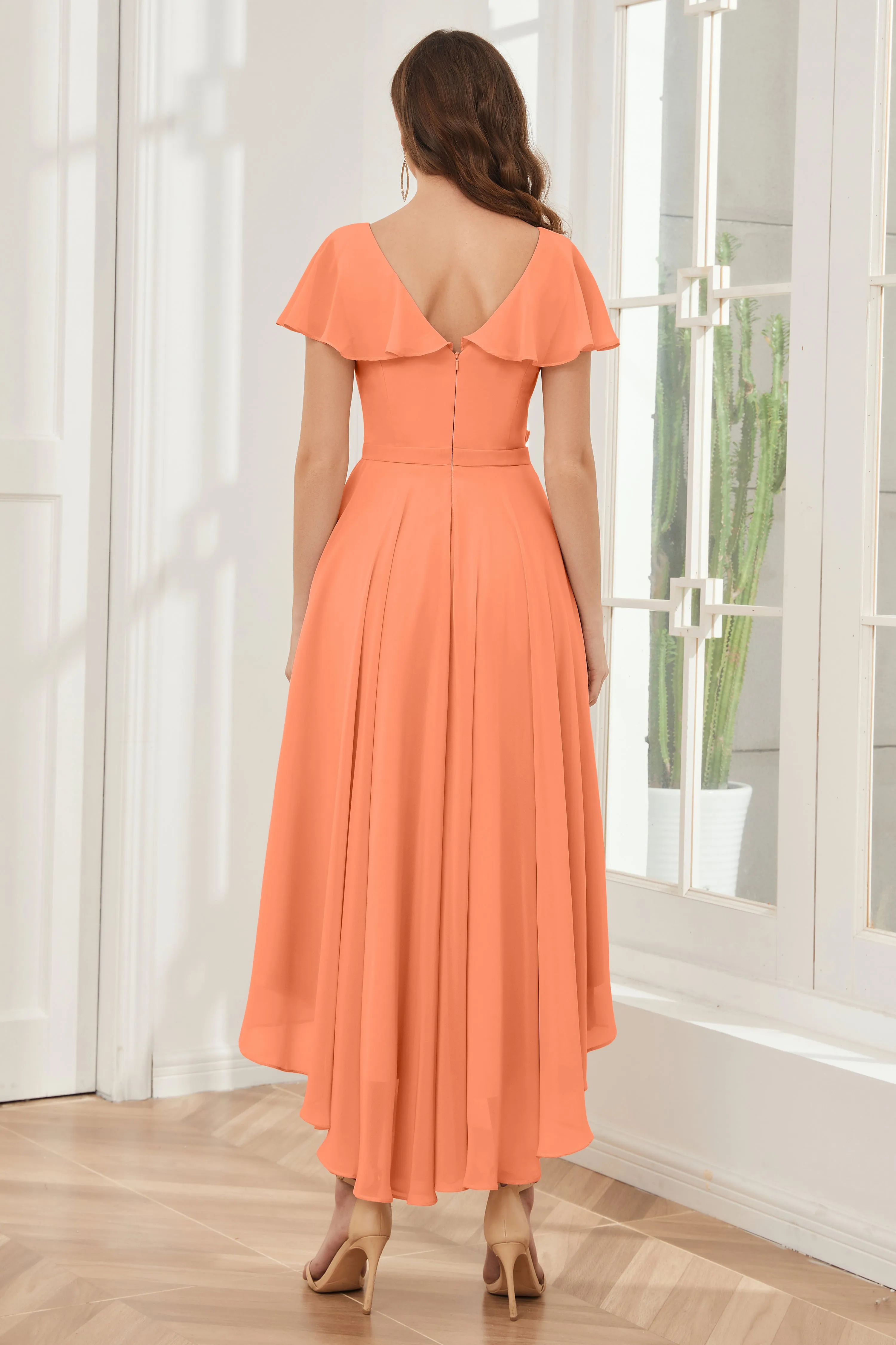 High Low Short Sleeves Bridesmaid Dresses with Pockets