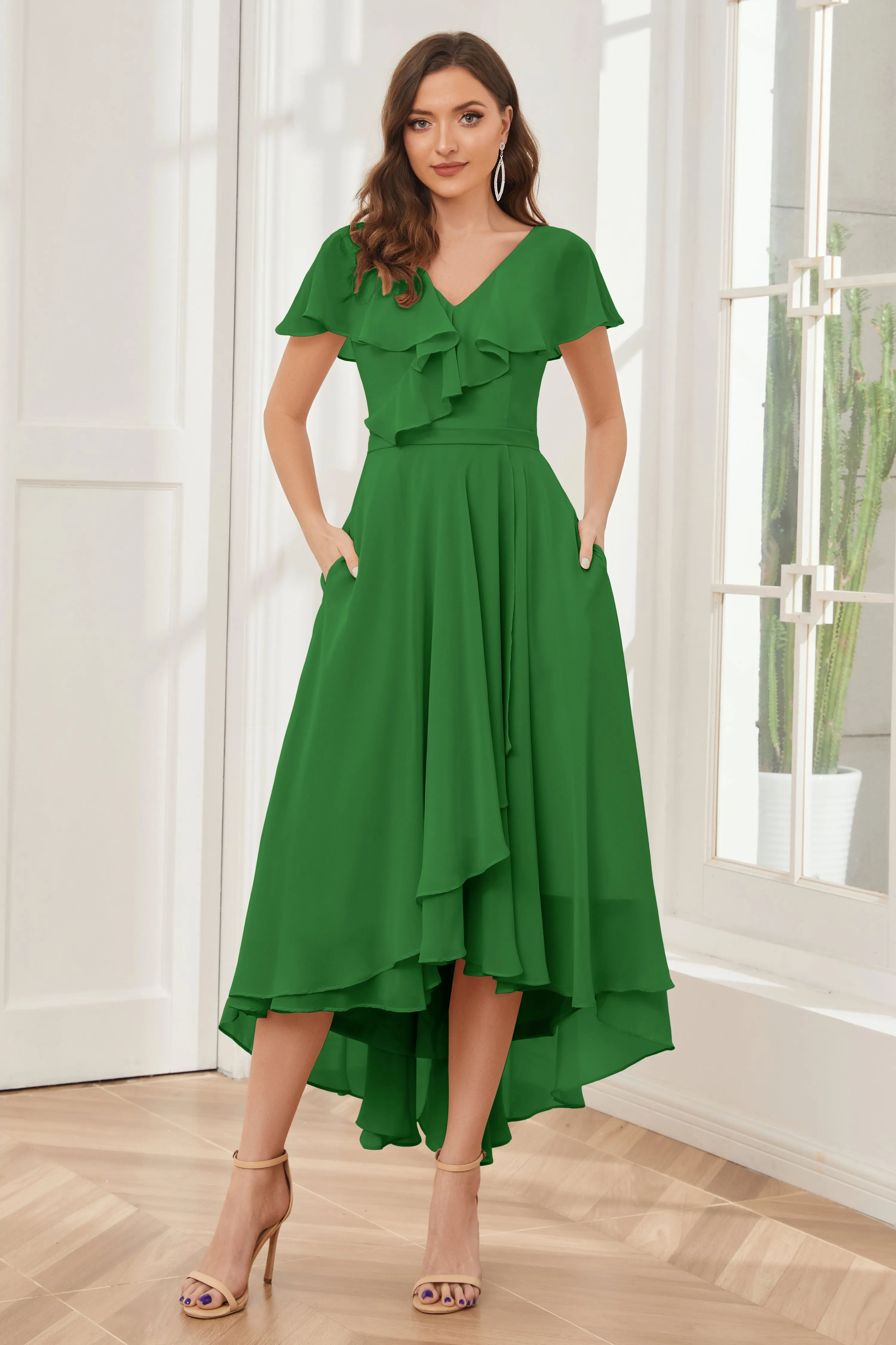 High Low Short Sleeves Bridesmaid Dresses with Pockets