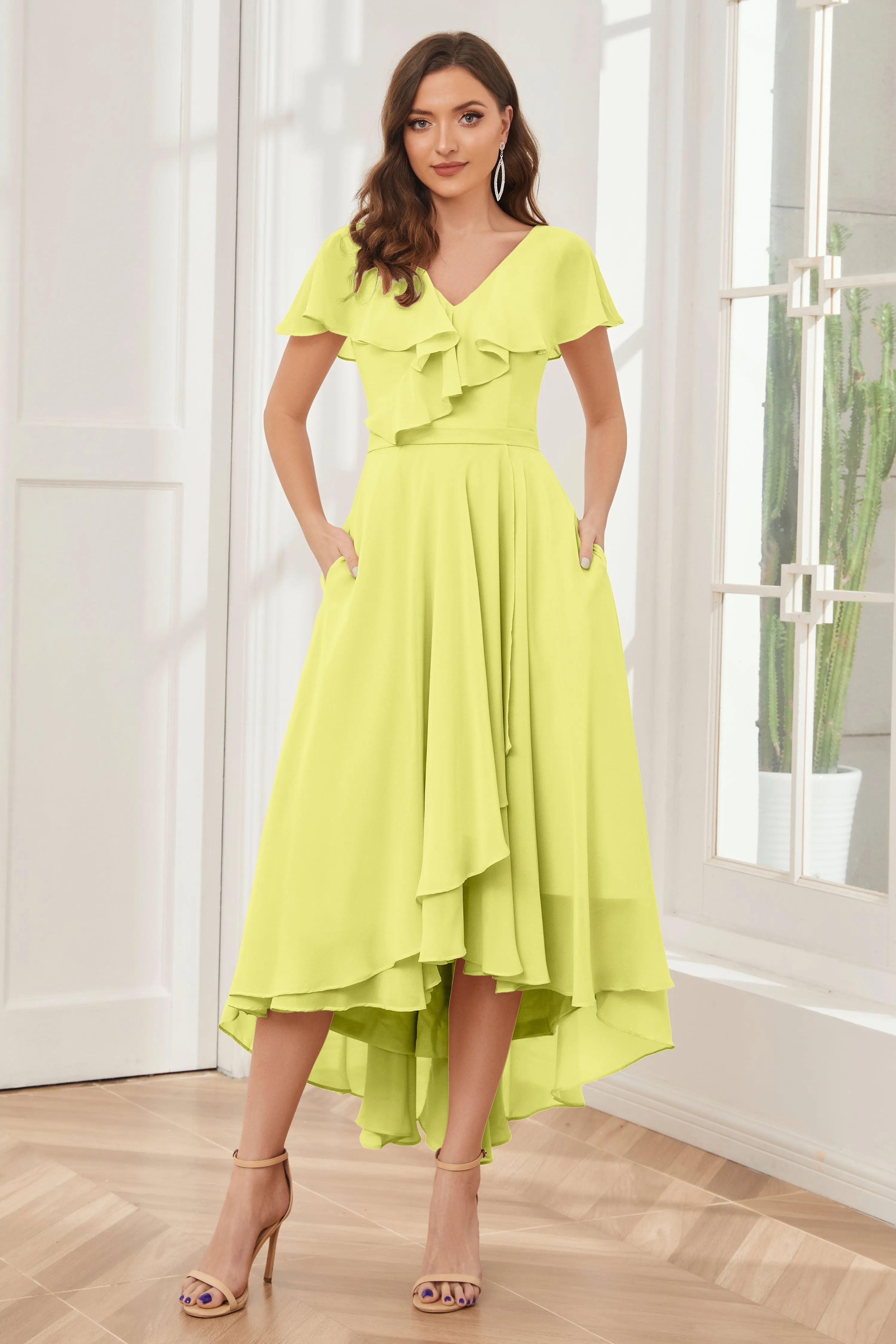 High Low Short Sleeves Bridesmaid Dresses with Pockets