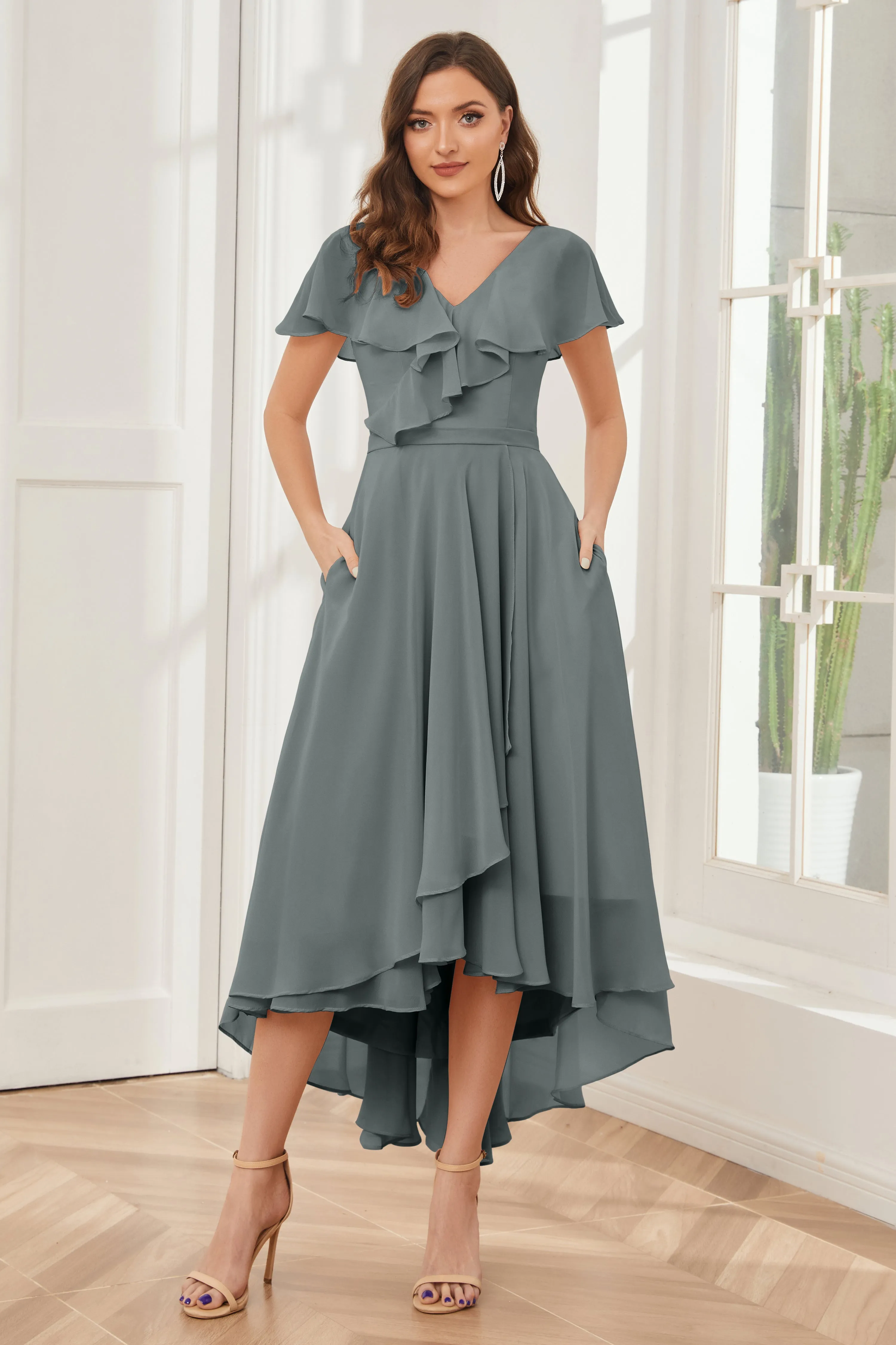 High Low Short Sleeves Bridesmaid Dresses with Pockets