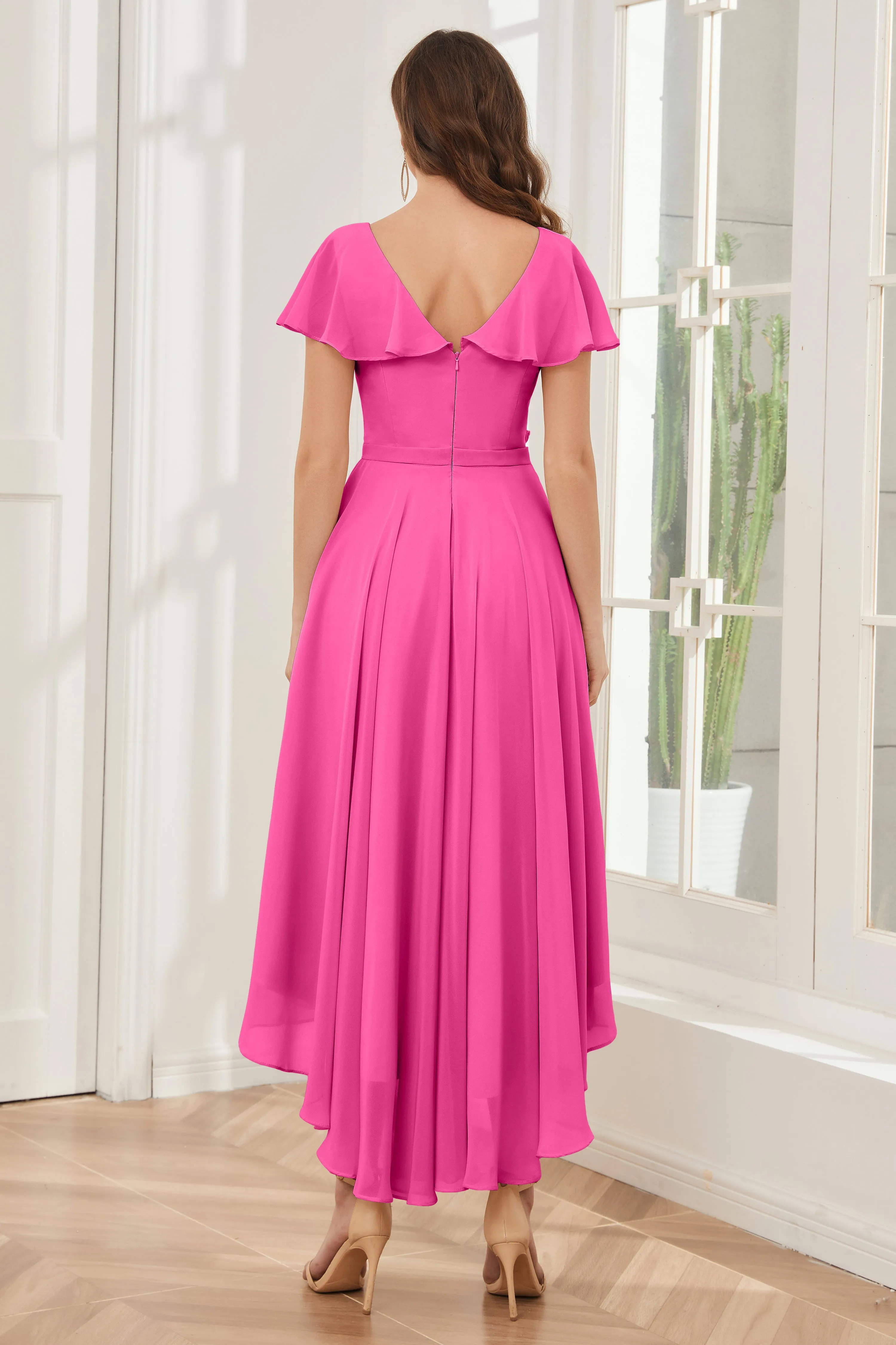 High Low Short Sleeves Bridesmaid Dresses with Pockets