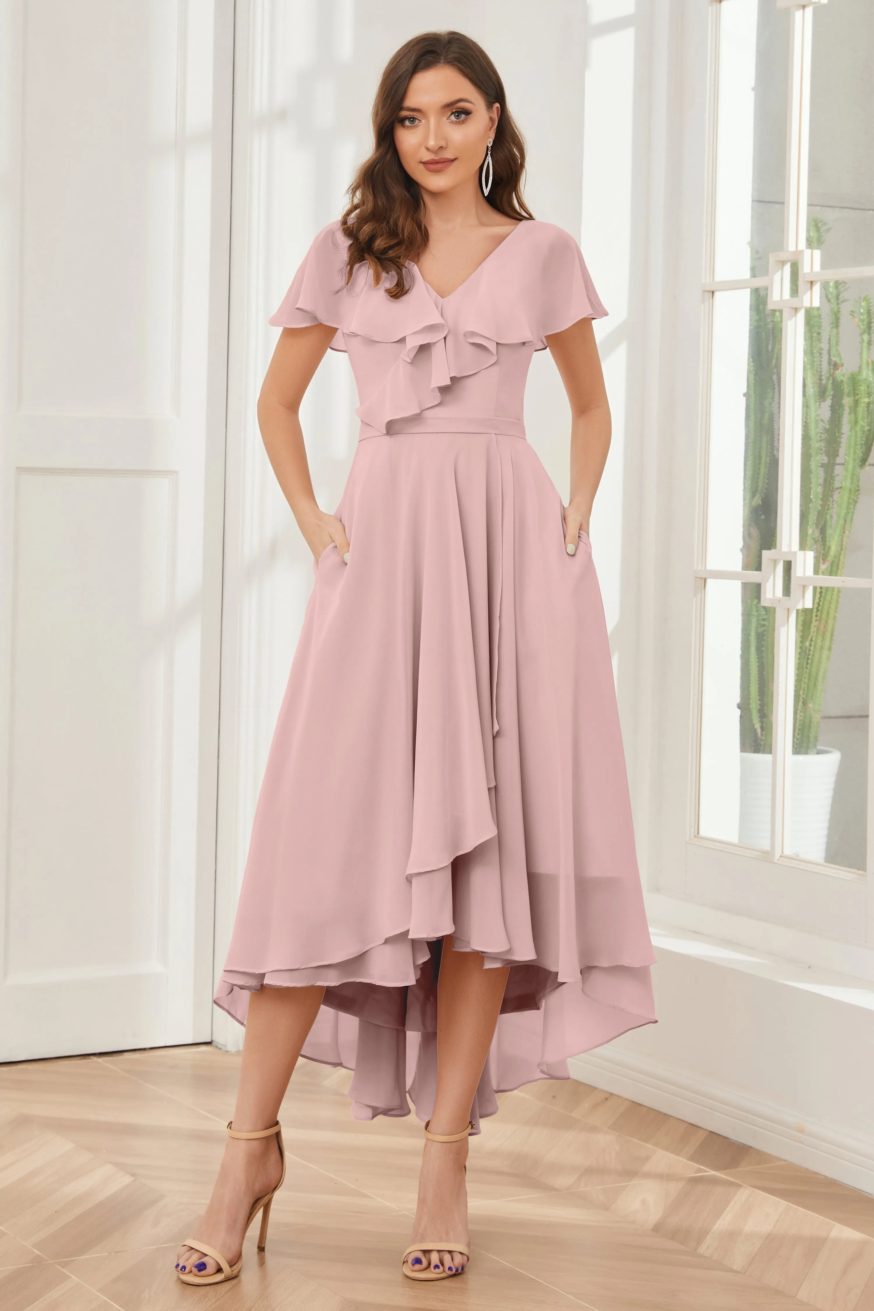 High Low Short Sleeves Bridesmaid Dresses with Pockets