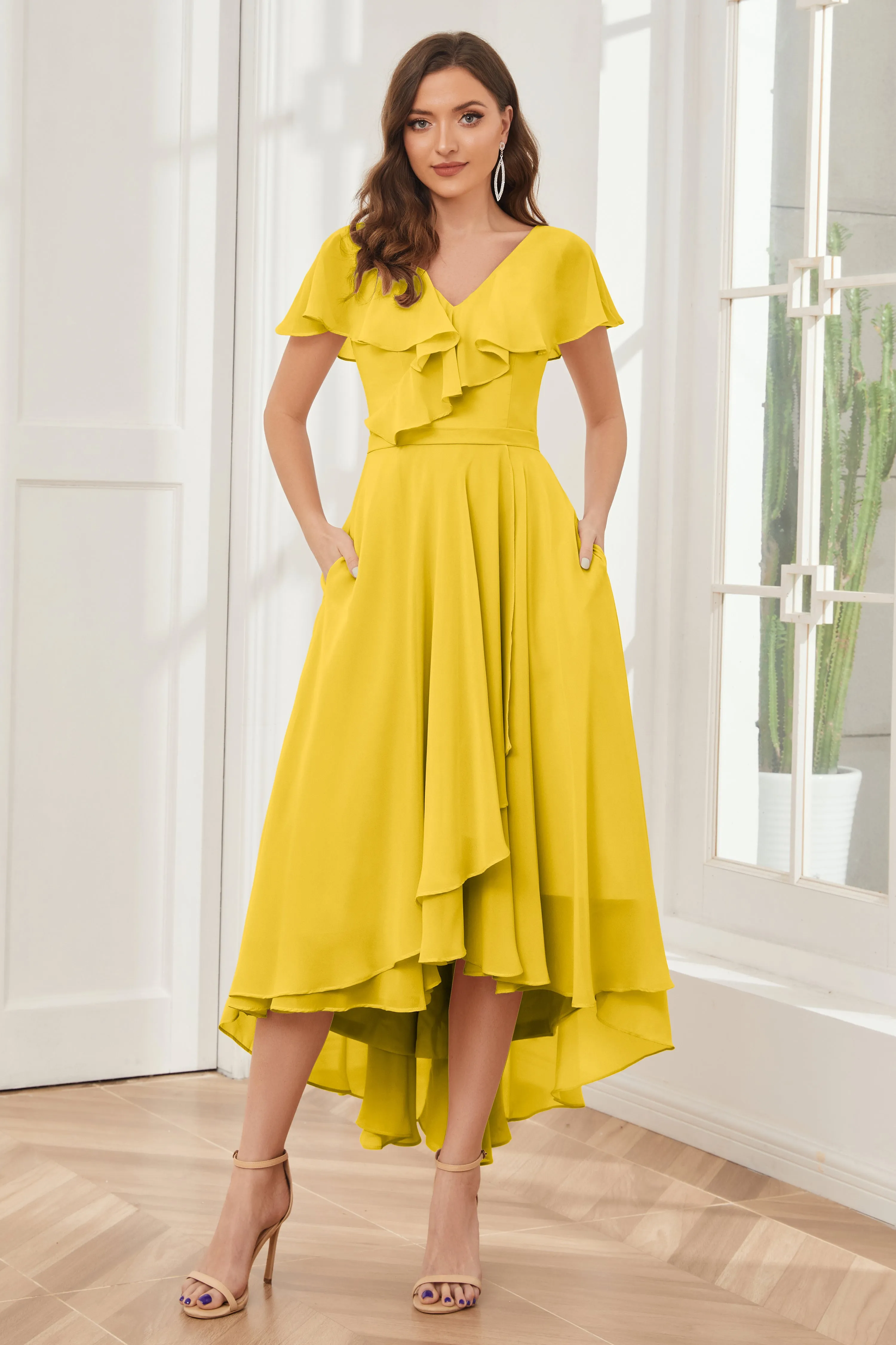 High Low Short Sleeves Bridesmaid Dresses with Pockets