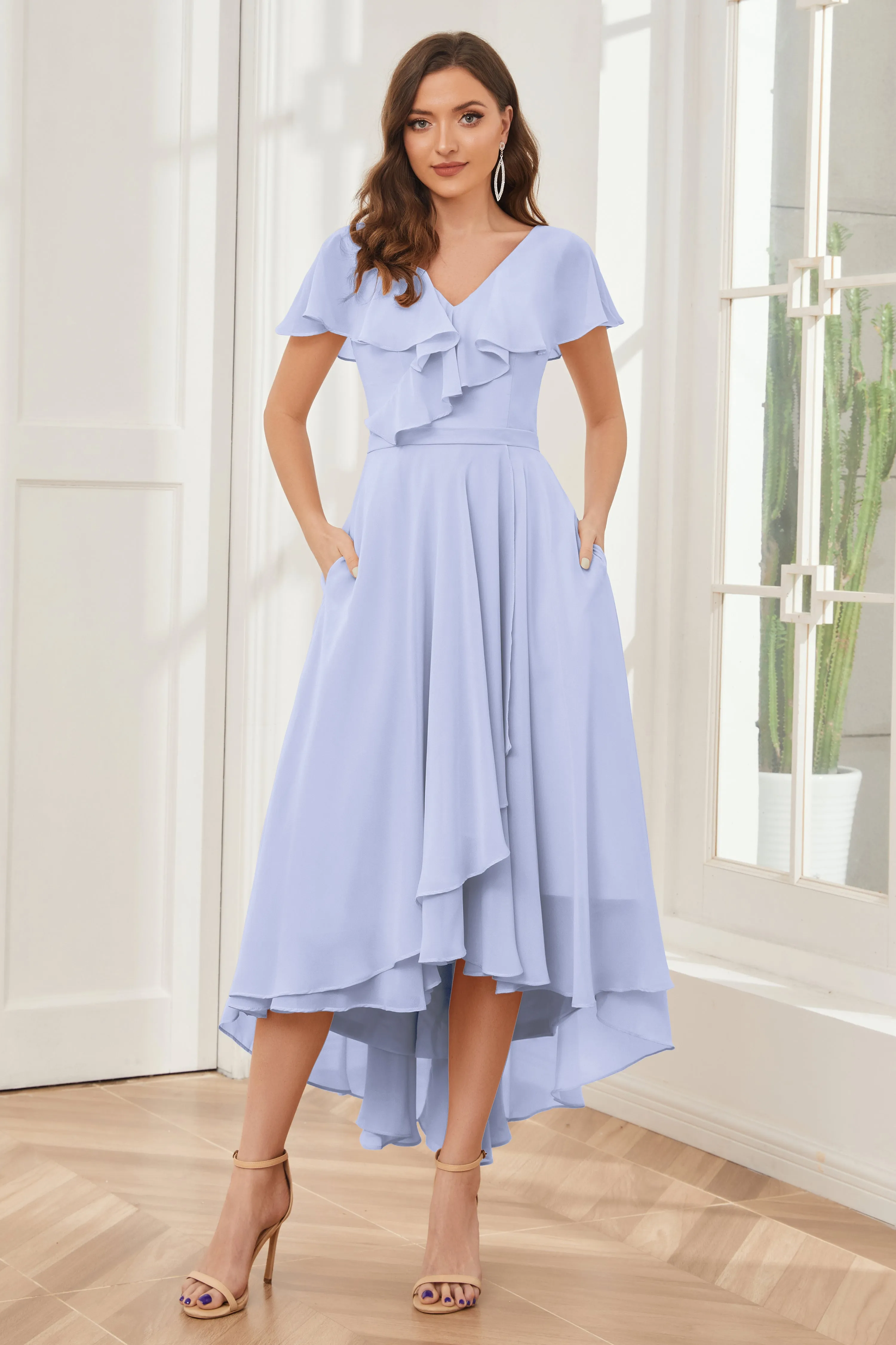 High Low Short Sleeves Bridesmaid Dresses with Pockets