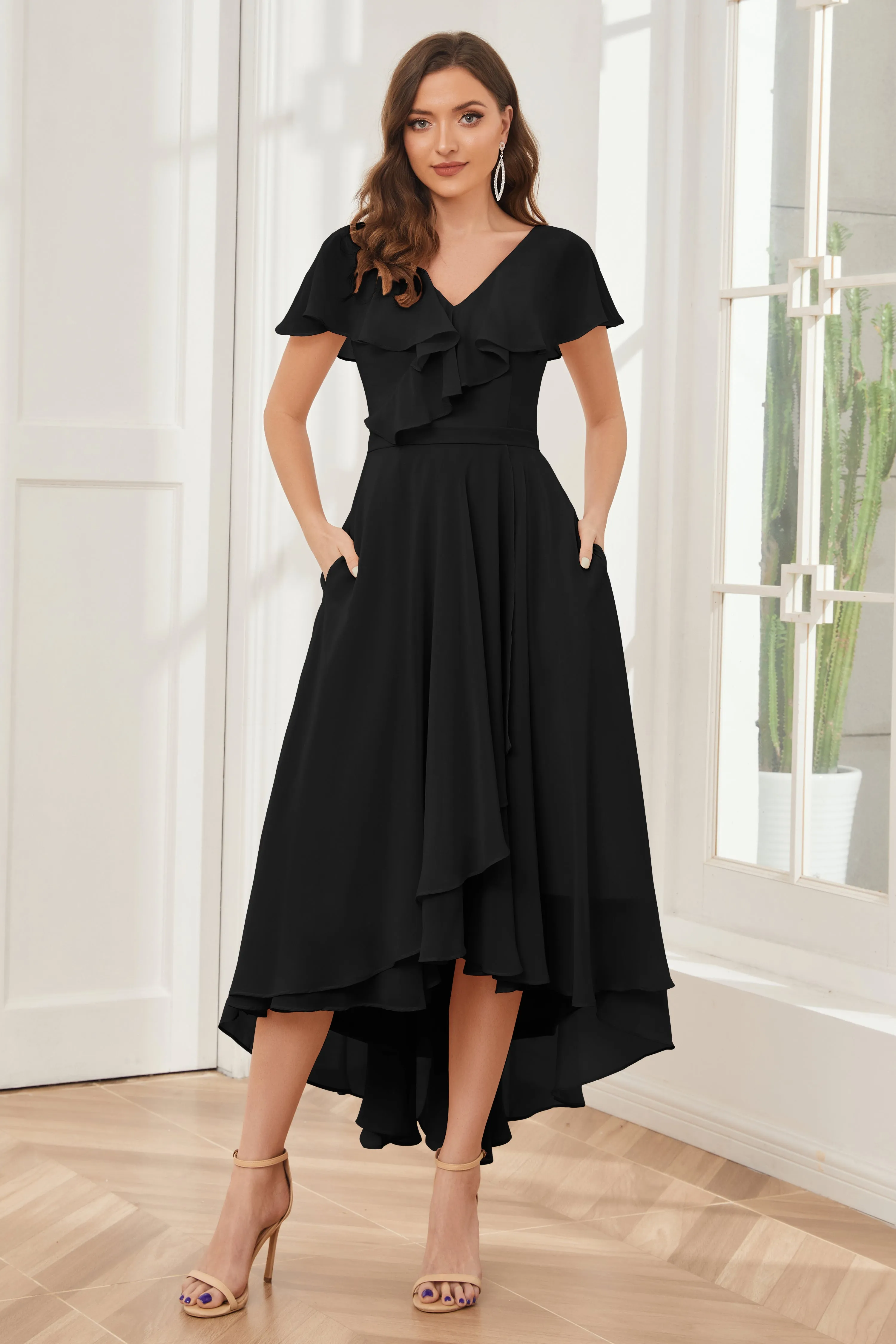 High Low Short Sleeves Bridesmaid Dresses with Pockets