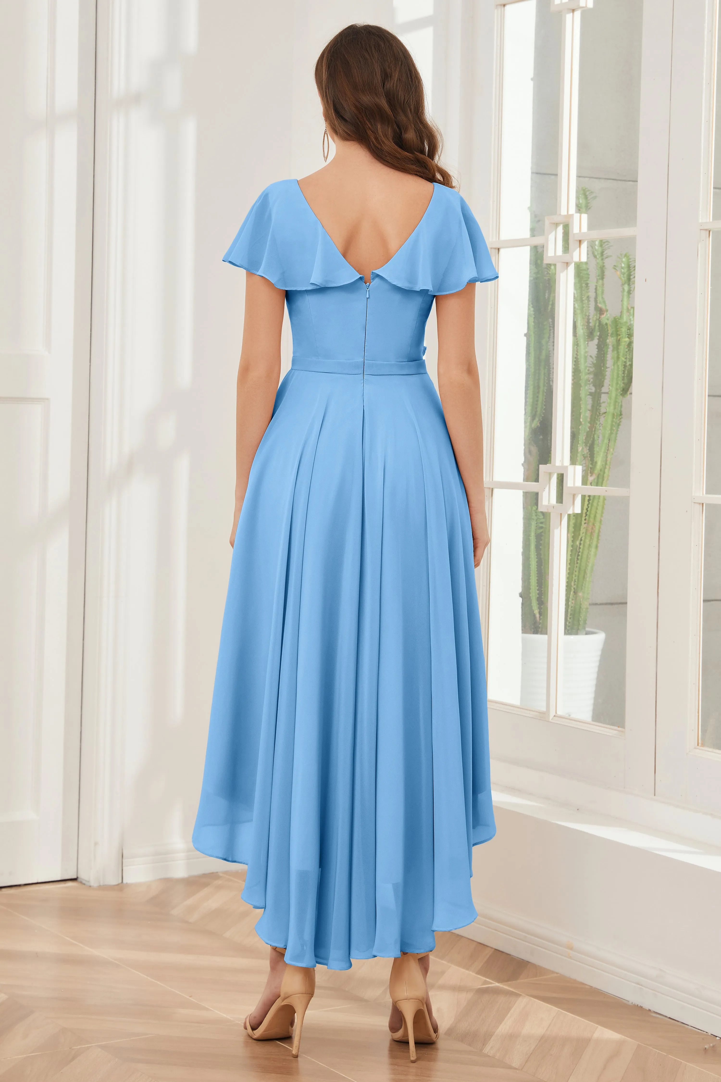 High Low Short Sleeves Bridesmaid Dresses with Pockets