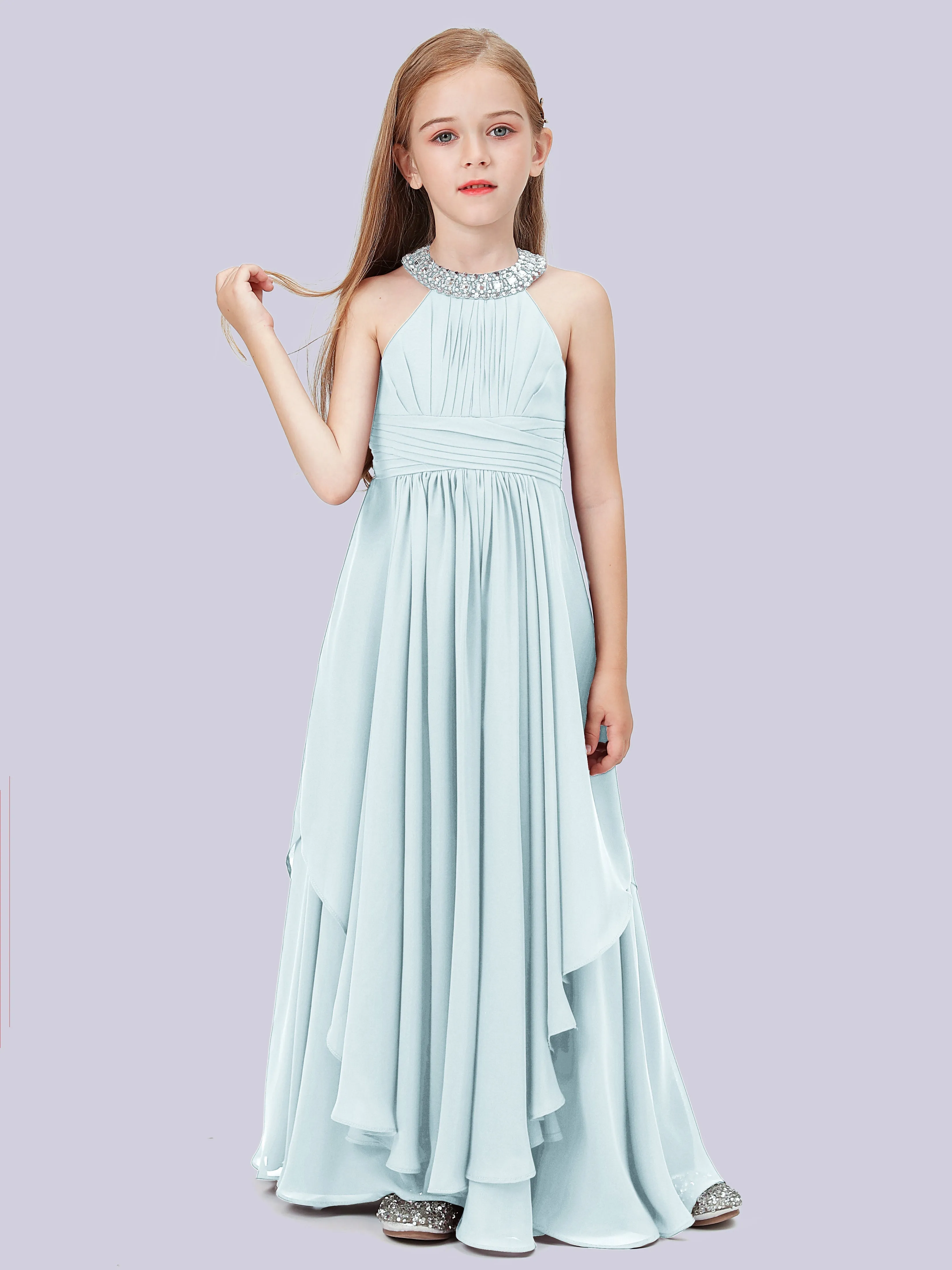 High Neck Junior Bridesmaid Dress with Cascade