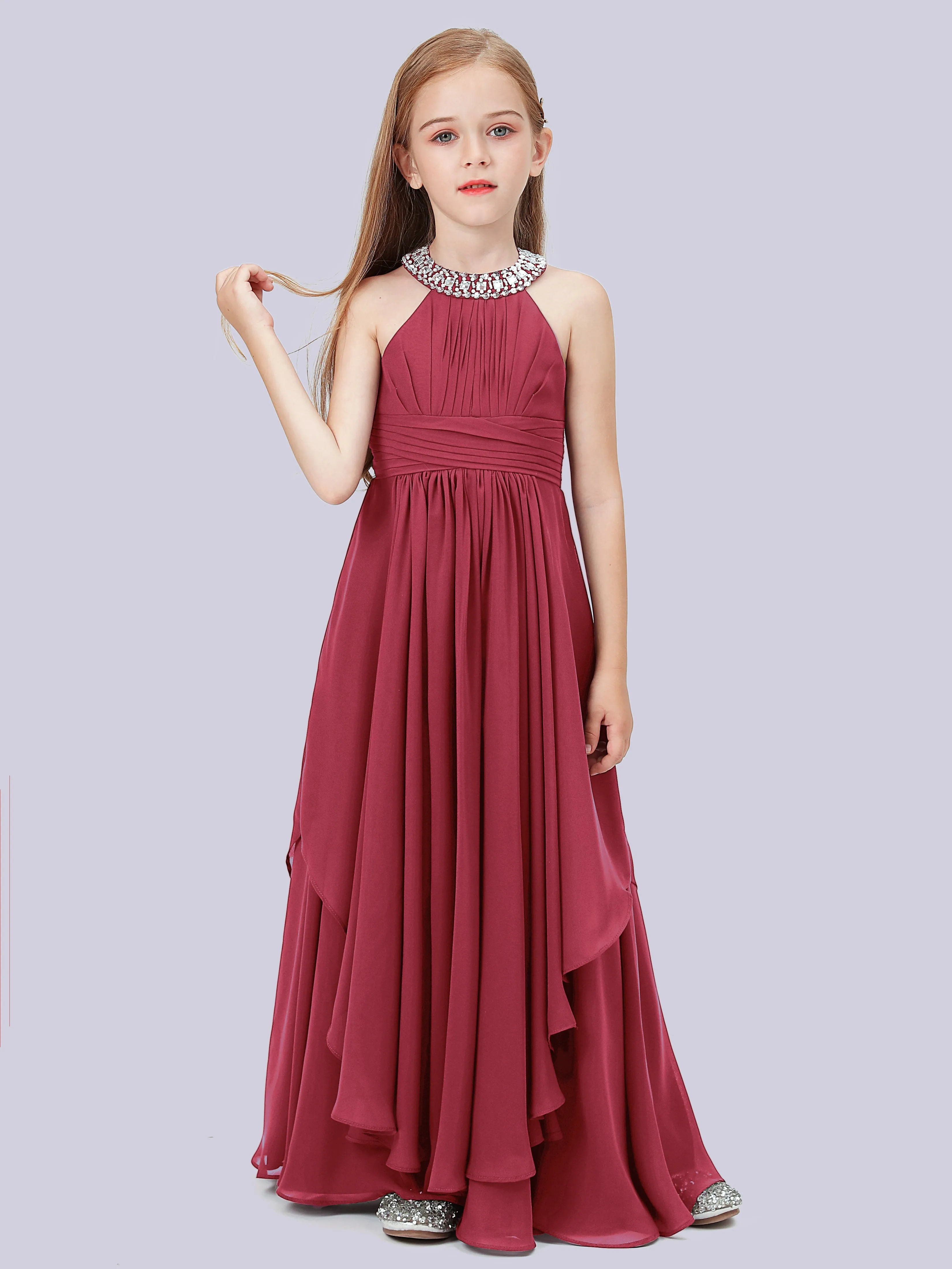 High Neck Junior Bridesmaid Dress with Cascade