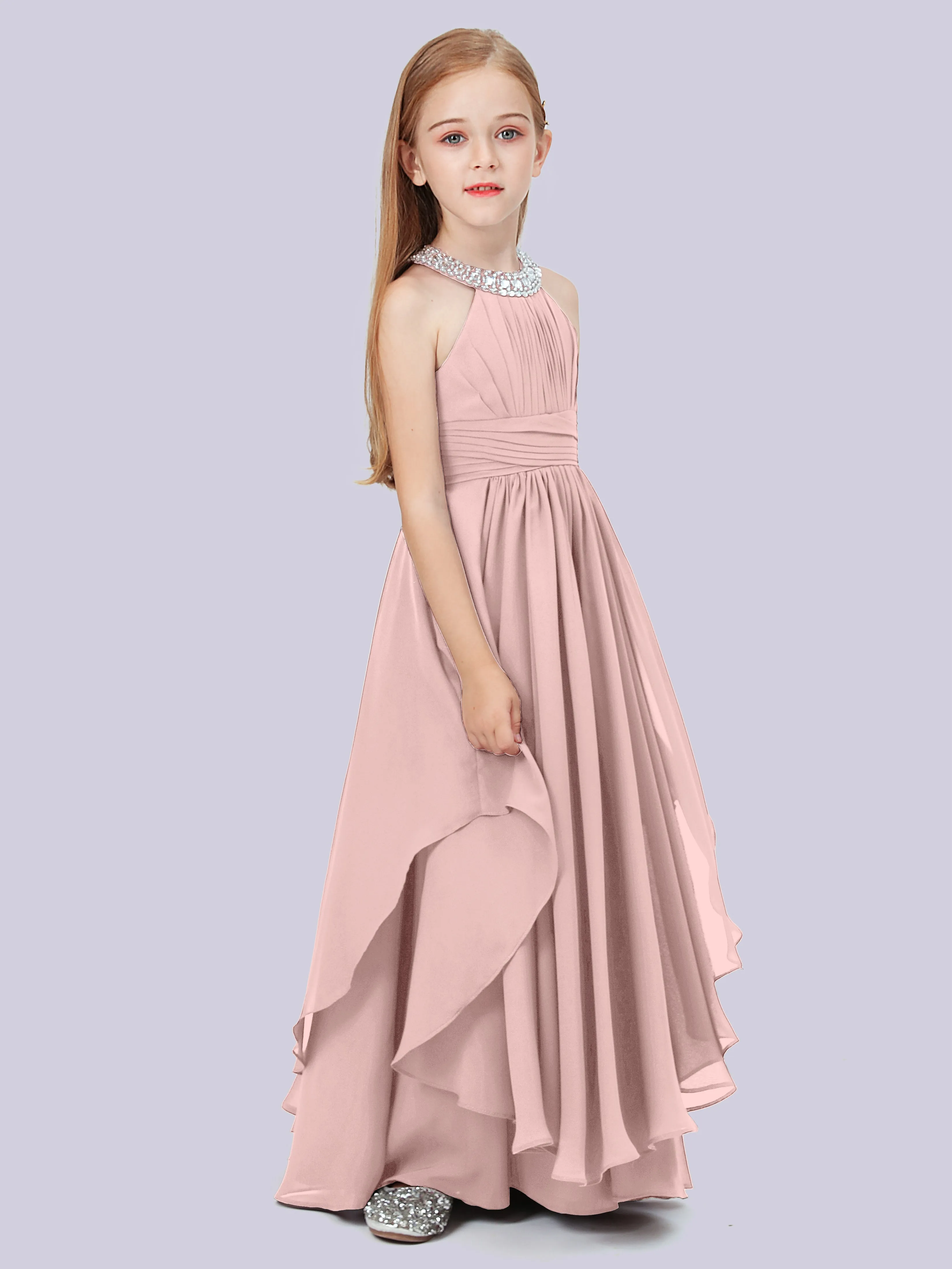 High Neck Junior Bridesmaid Dress with Cascade