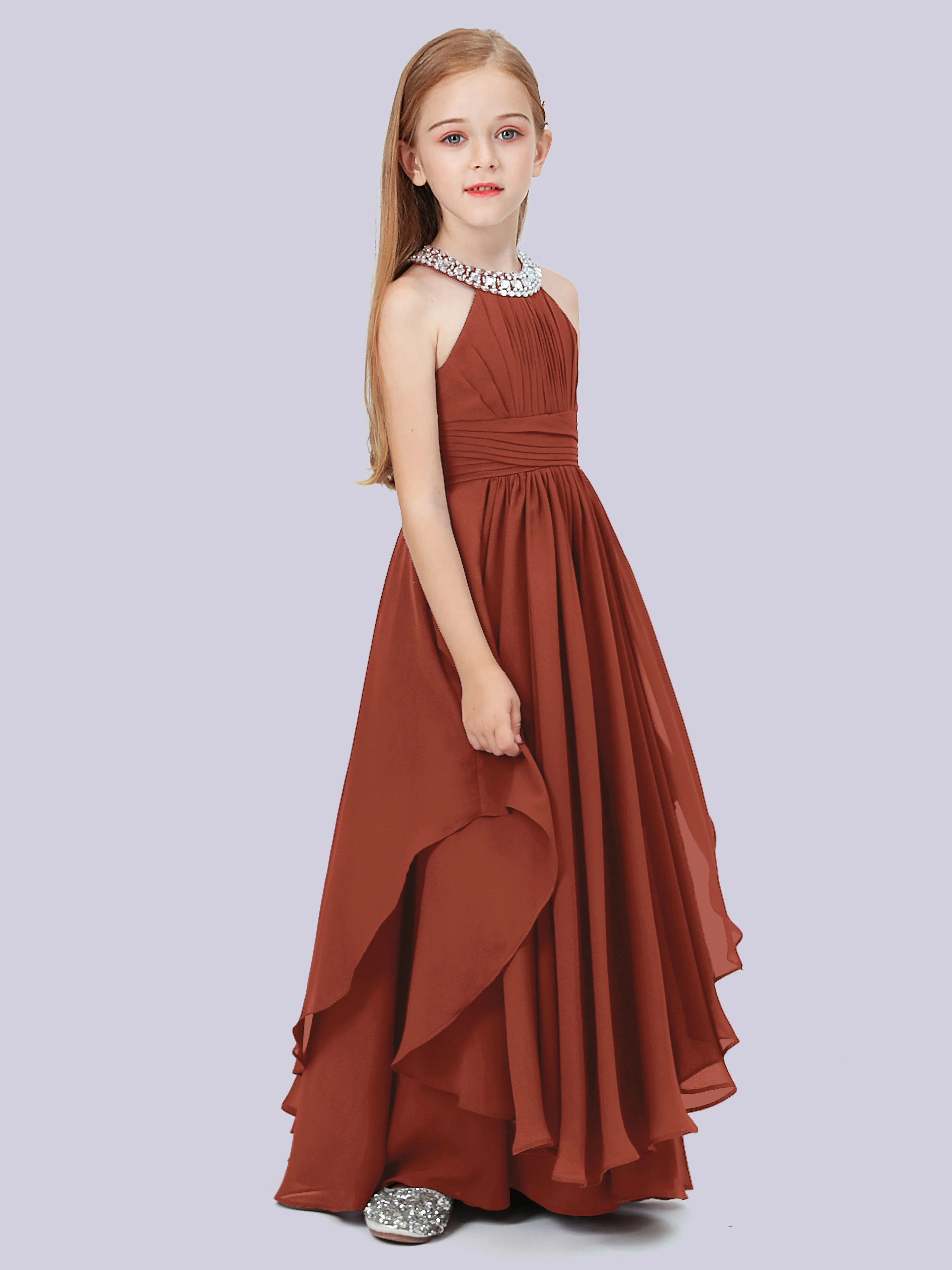 High Neck Junior Bridesmaid Dress with Cascade