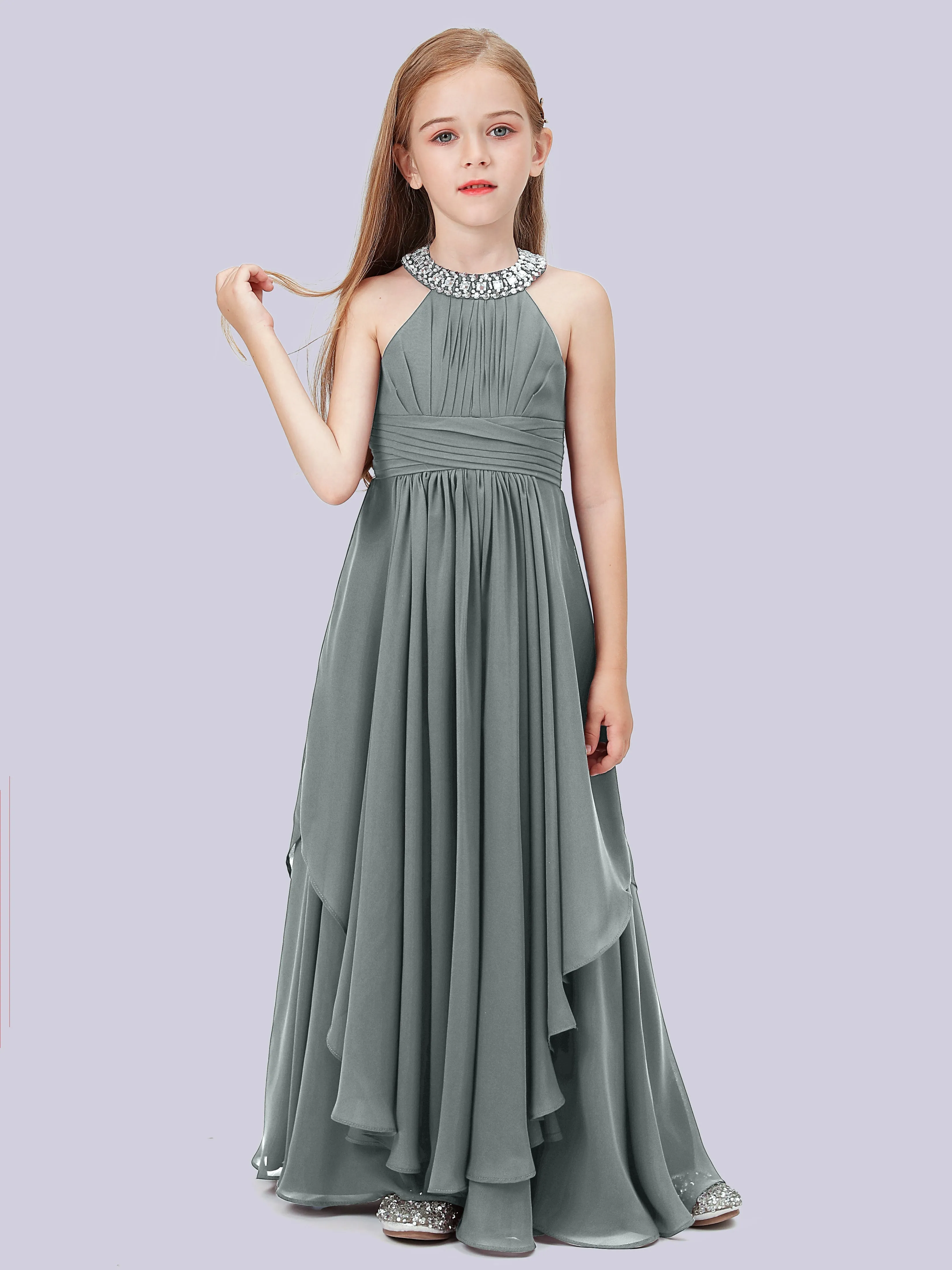 High Neck Junior Bridesmaid Dress with Cascade