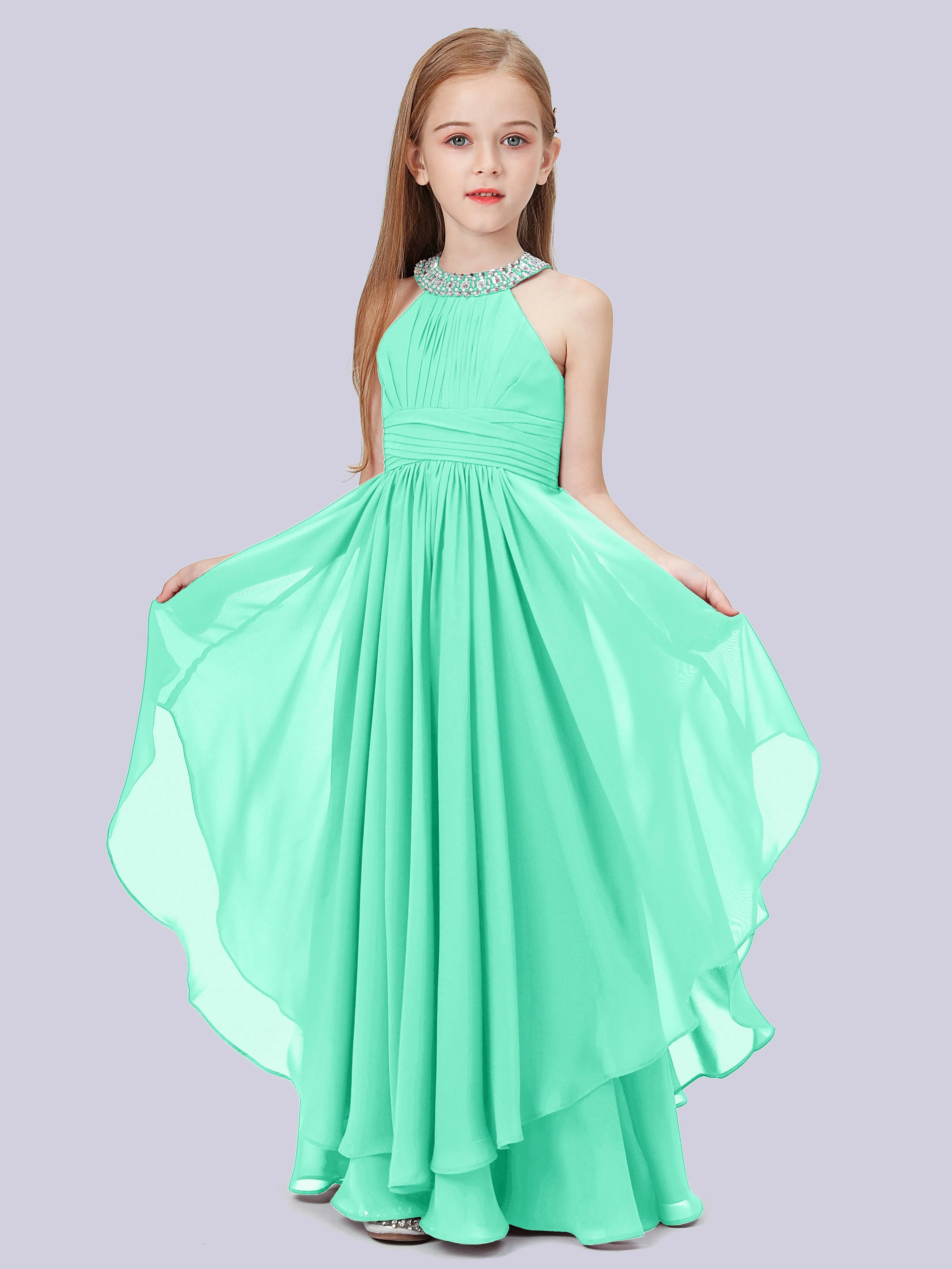 High Neck Junior Bridesmaid Dress with Cascade