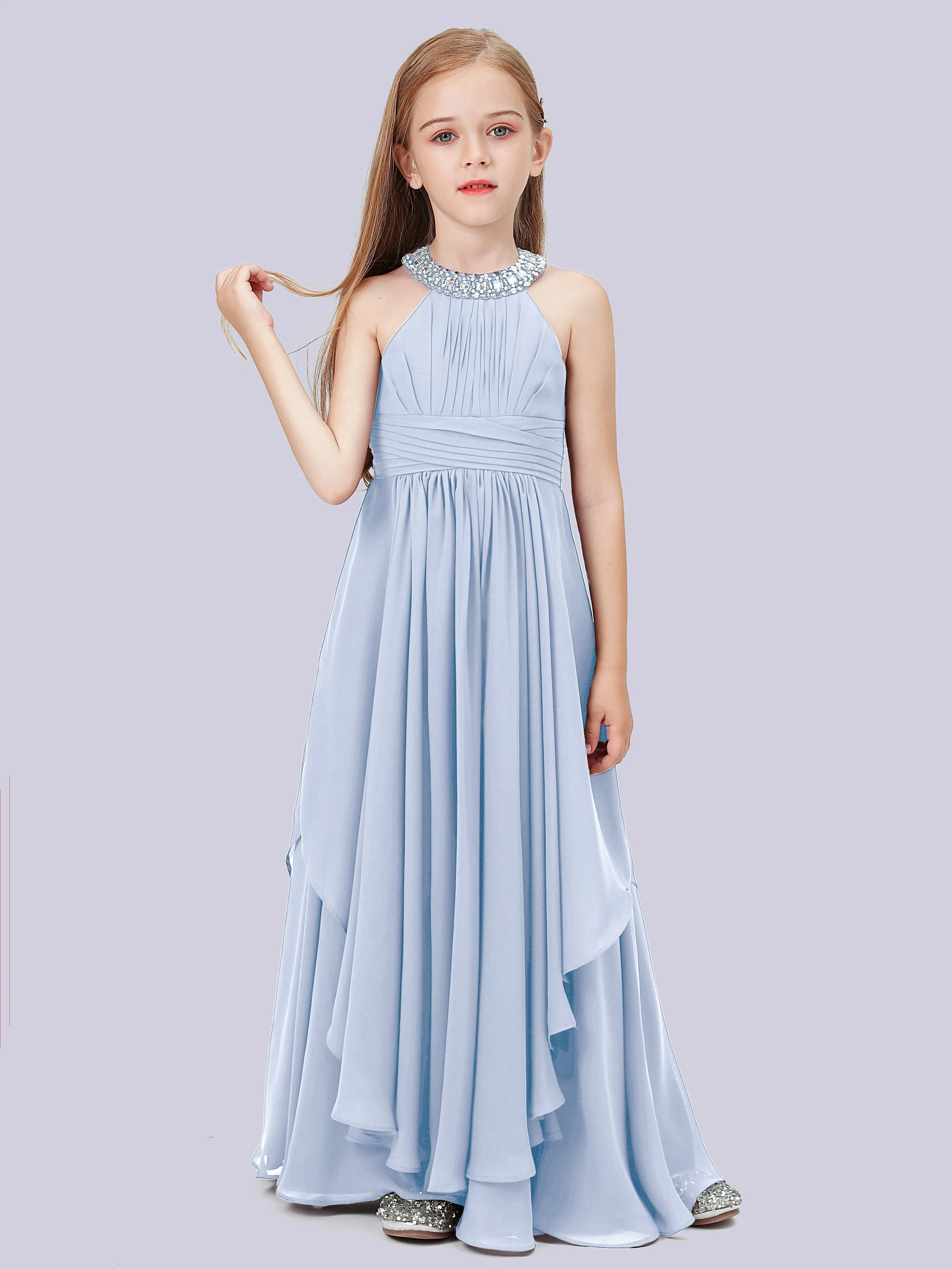 High Neck Junior Bridesmaid Dress with Cascade