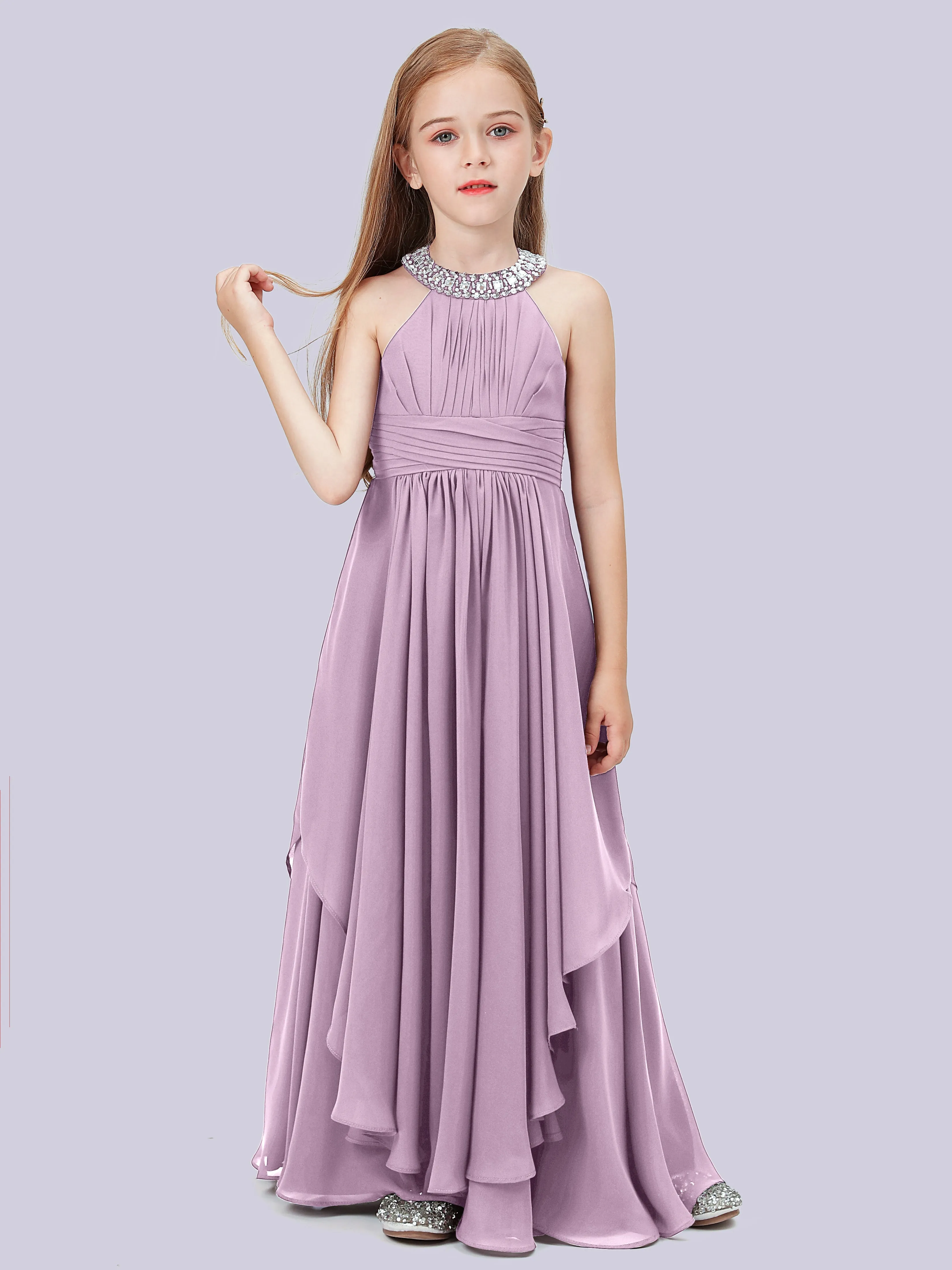 High Neck Junior Bridesmaid Dress with Cascade