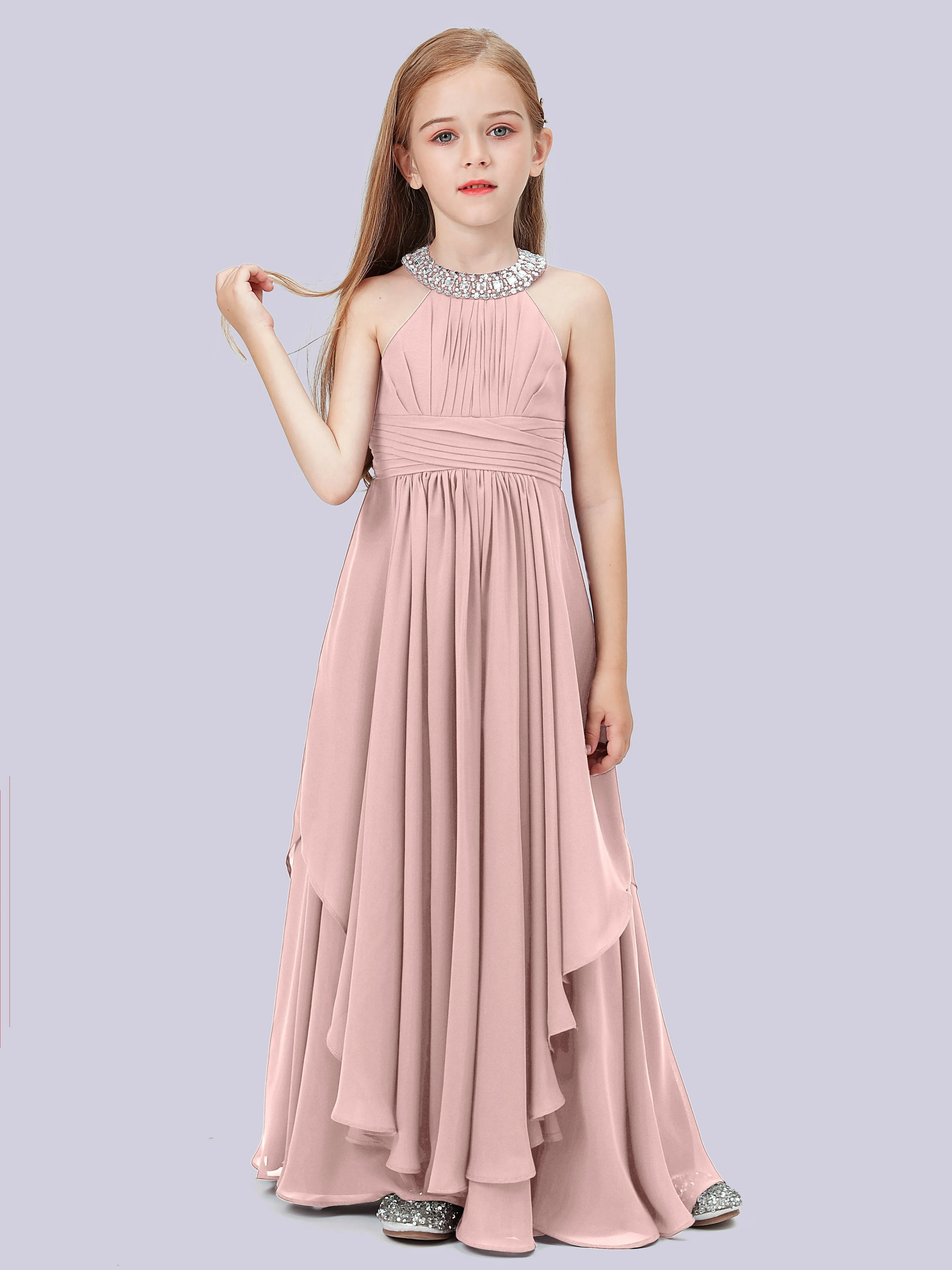 High Neck Junior Bridesmaid Dress with Cascade