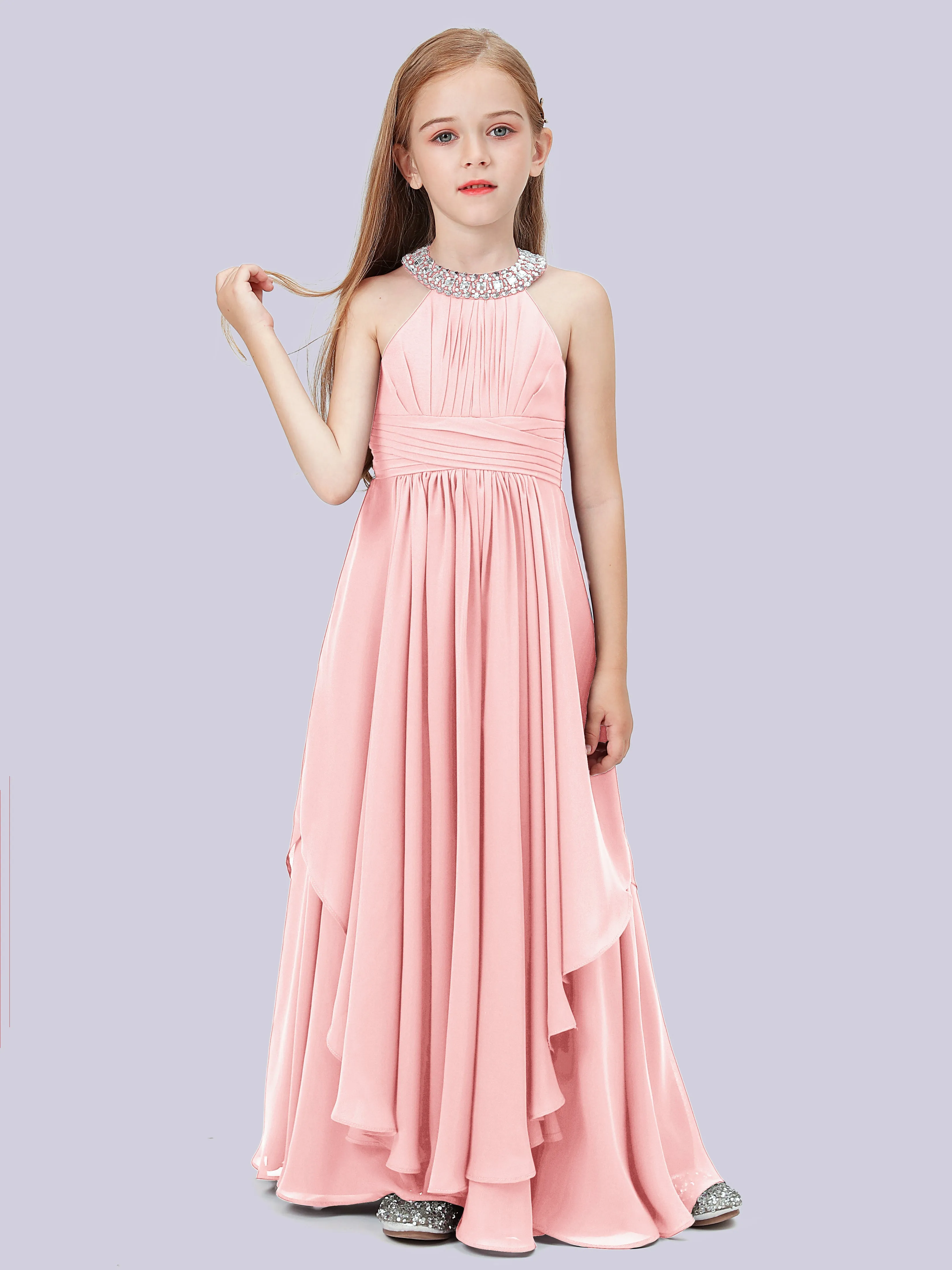 High Neck Junior Bridesmaid Dress with Cascade