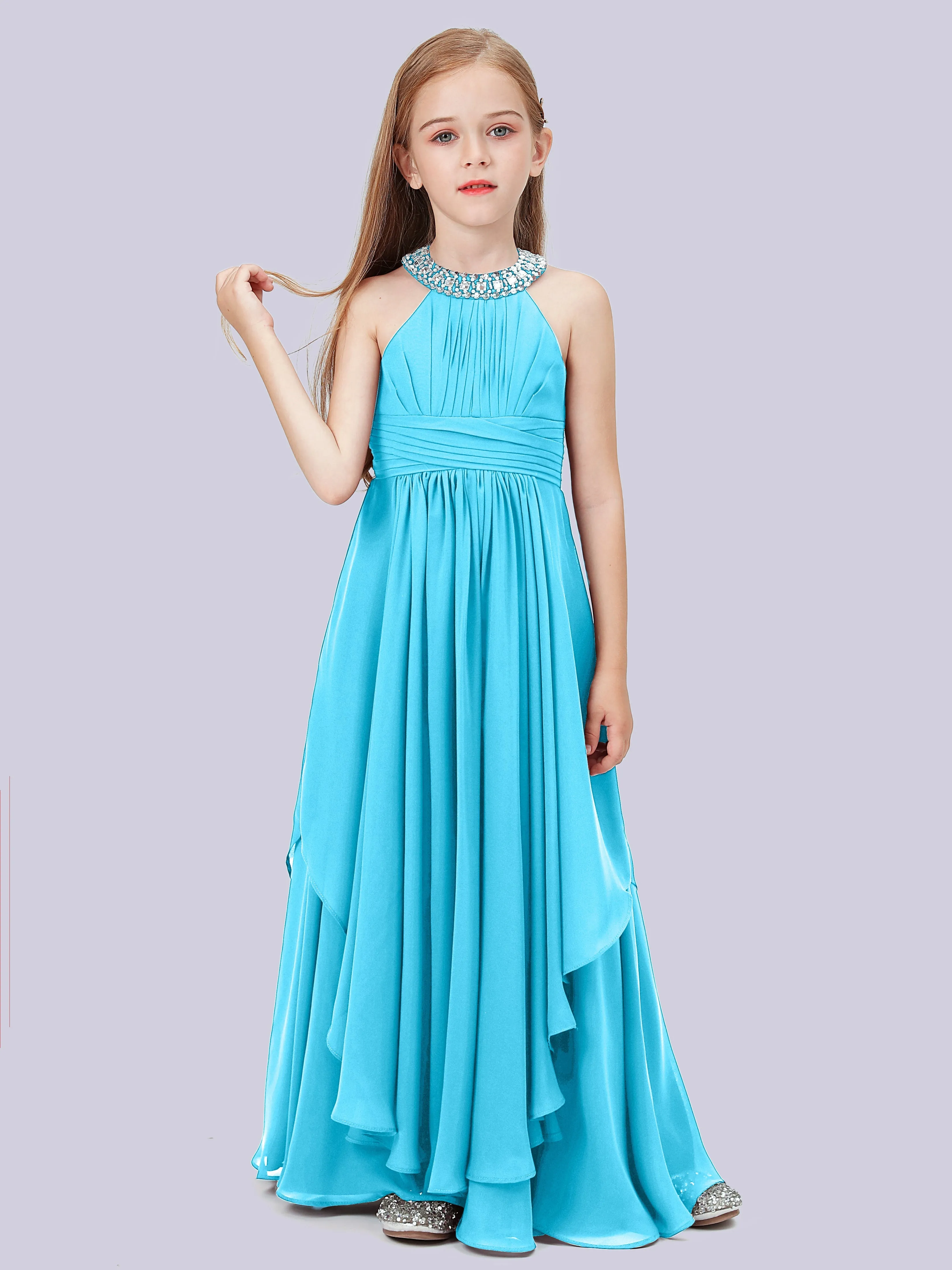 High Neck Junior Bridesmaid Dress with Cascade