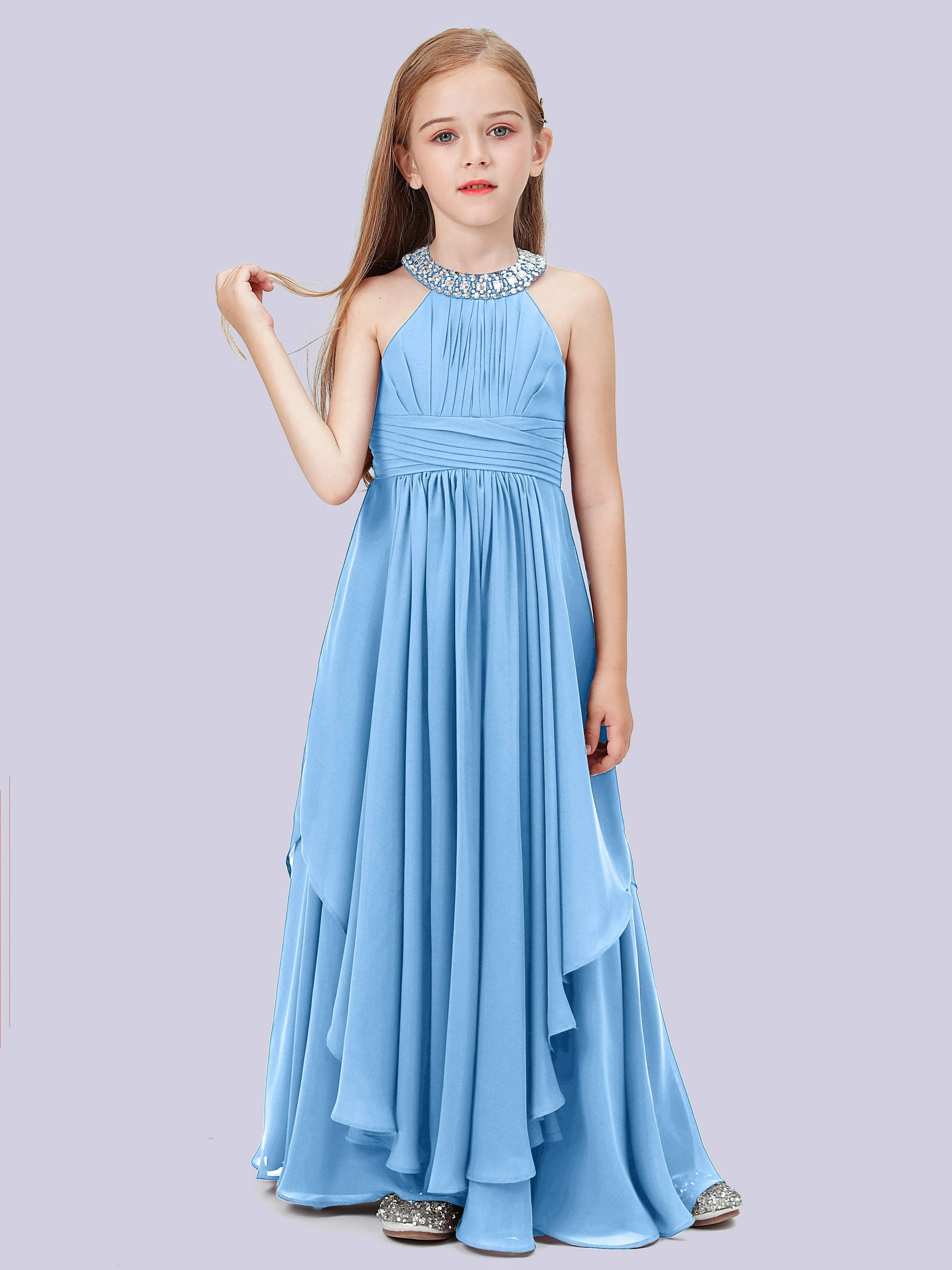 High Neck Junior Bridesmaid Dress with Cascade