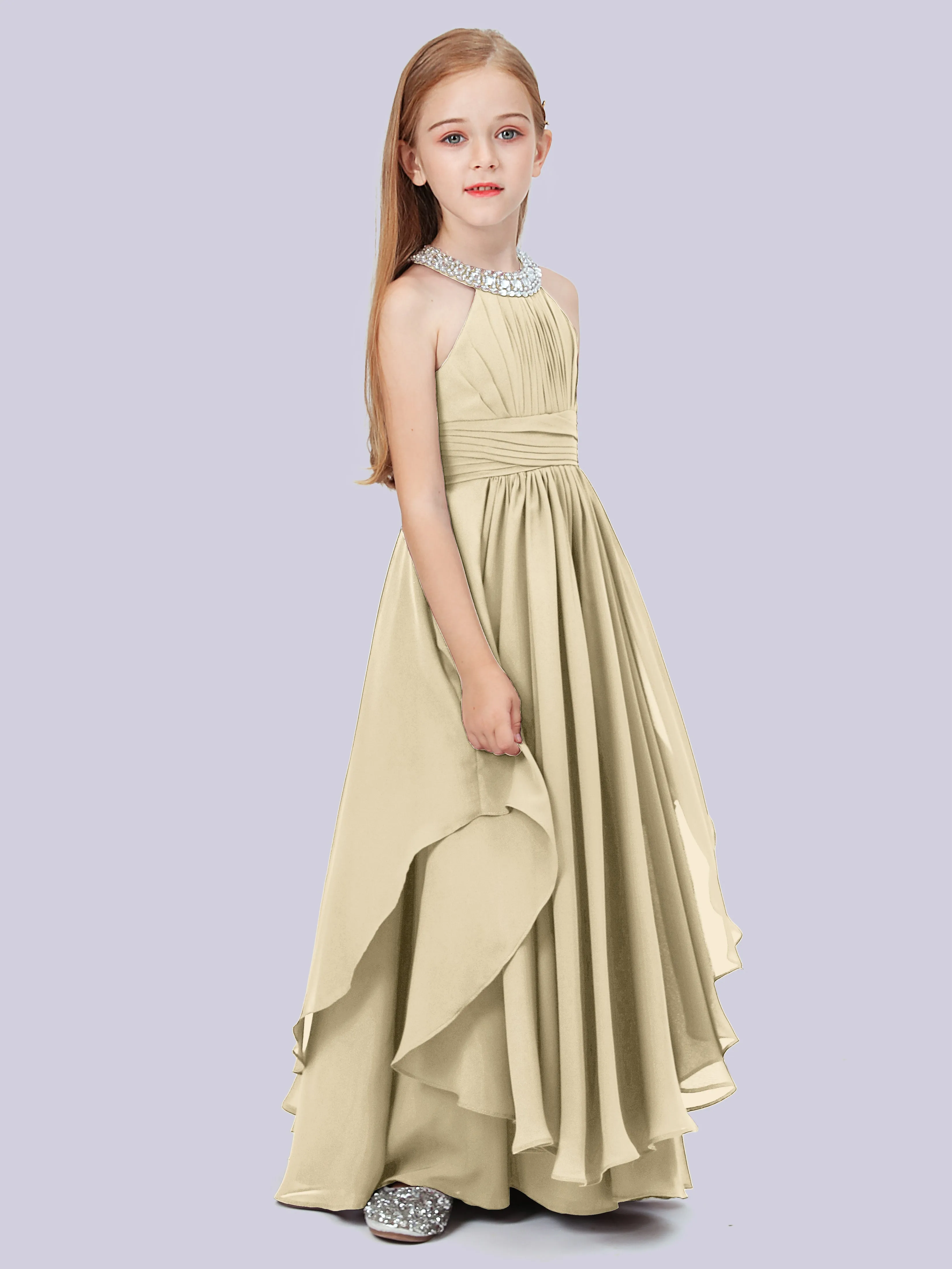 High Neck Junior Bridesmaid Dress with Cascade