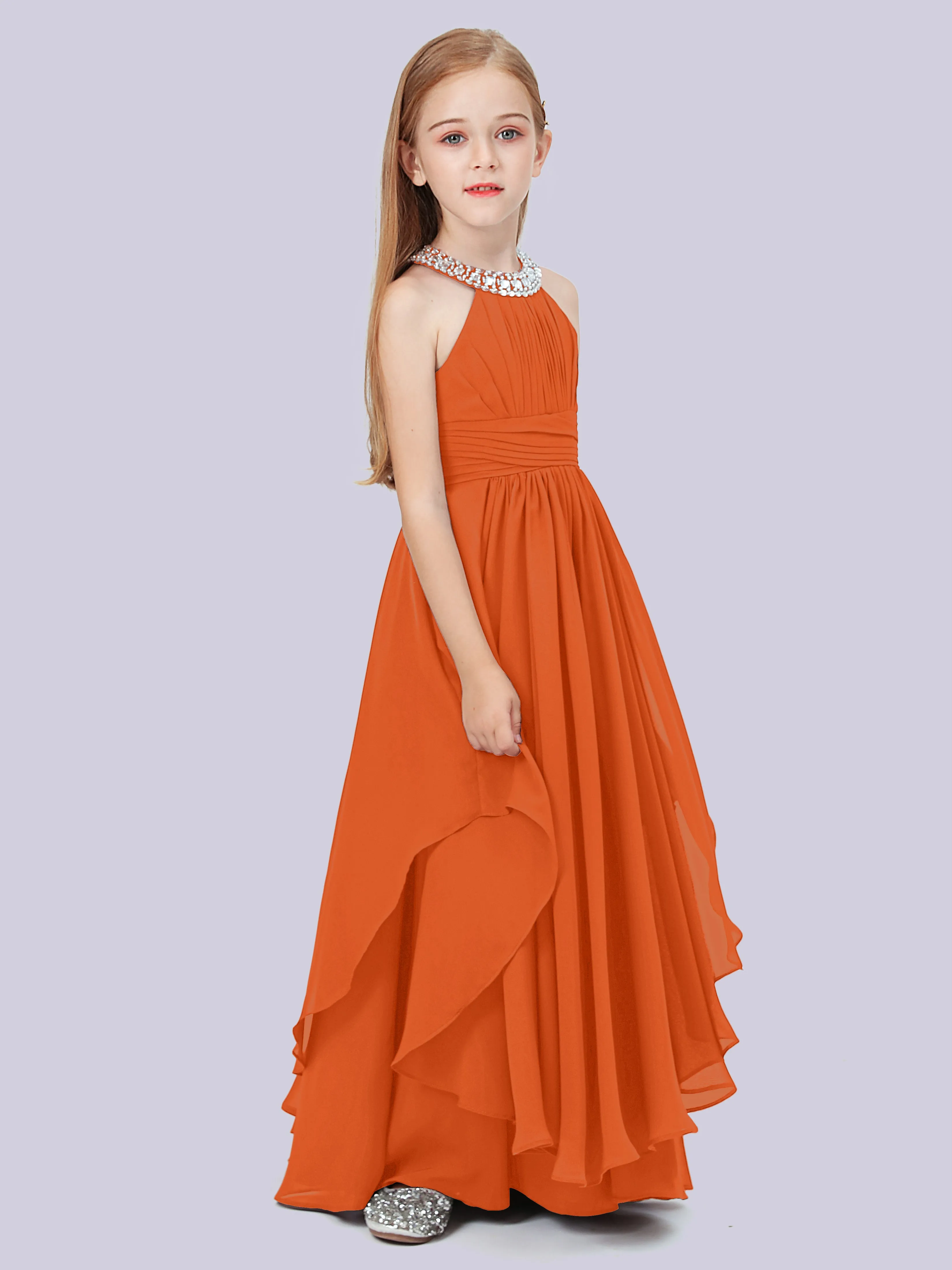 High Neck Junior Bridesmaid Dress with Cascade