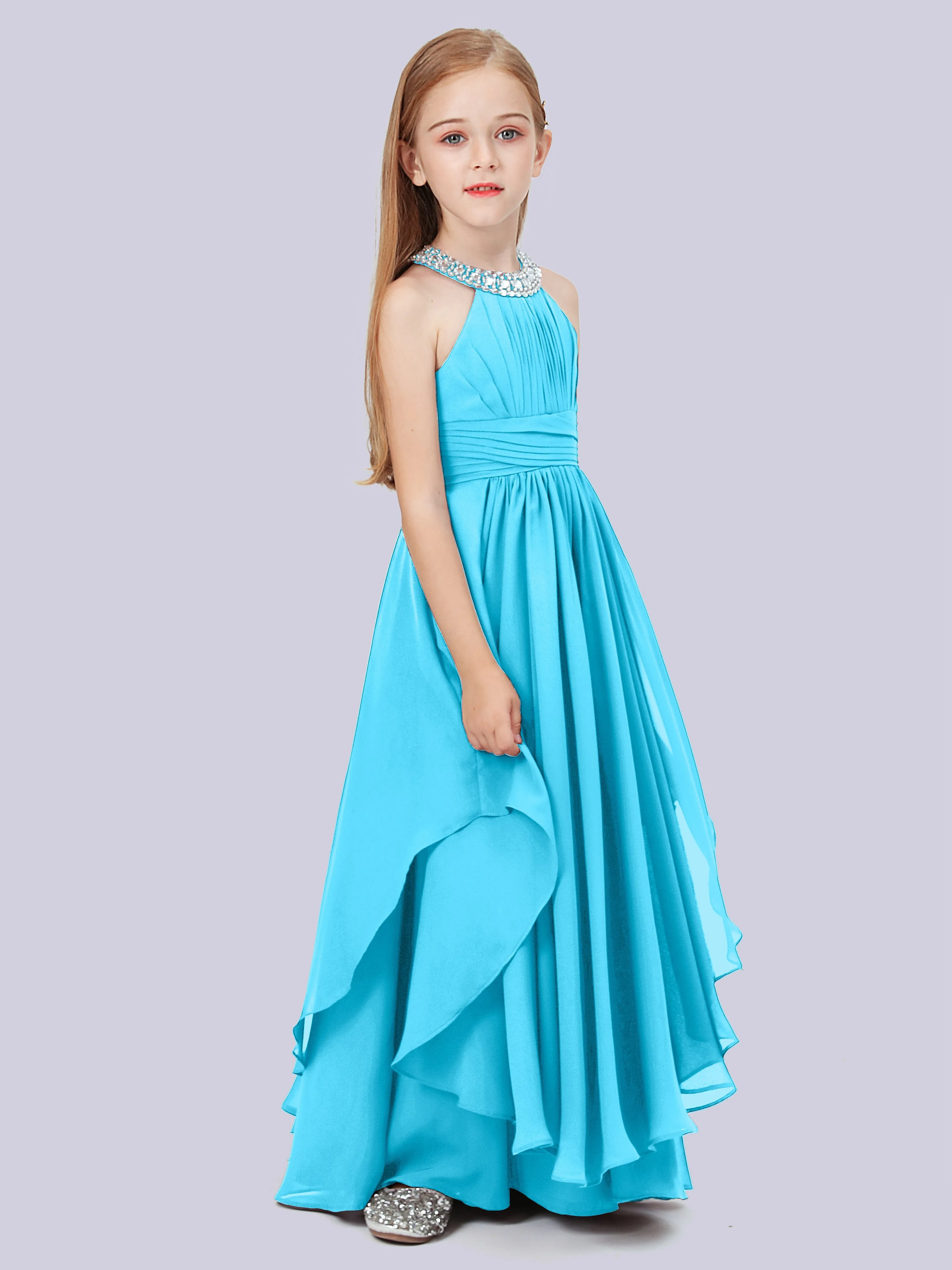 High Neck Junior Bridesmaid Dress with Cascade