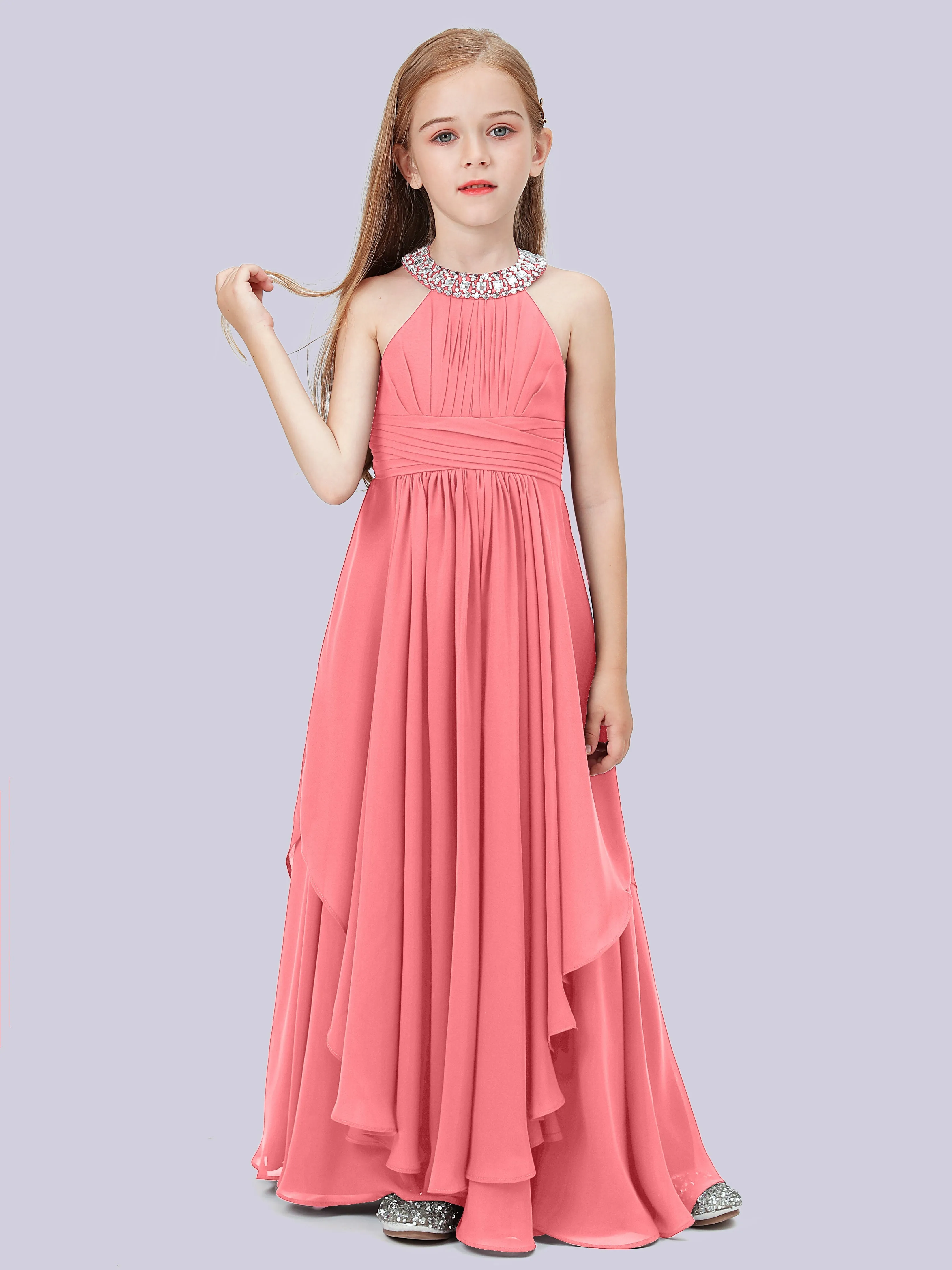 High Neck Junior Bridesmaid Dress with Cascade