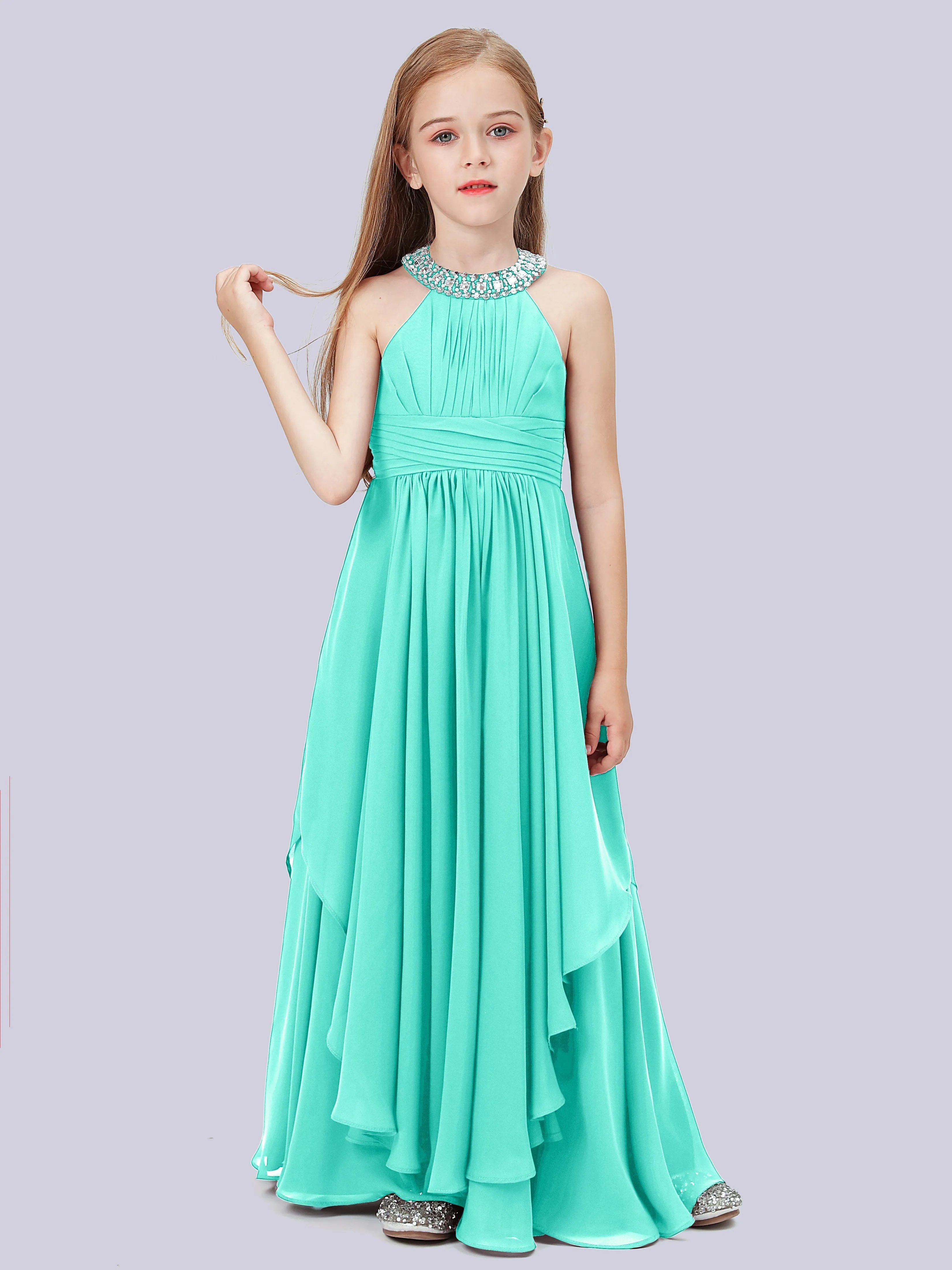 High Neck Junior Bridesmaid Dress with Cascade