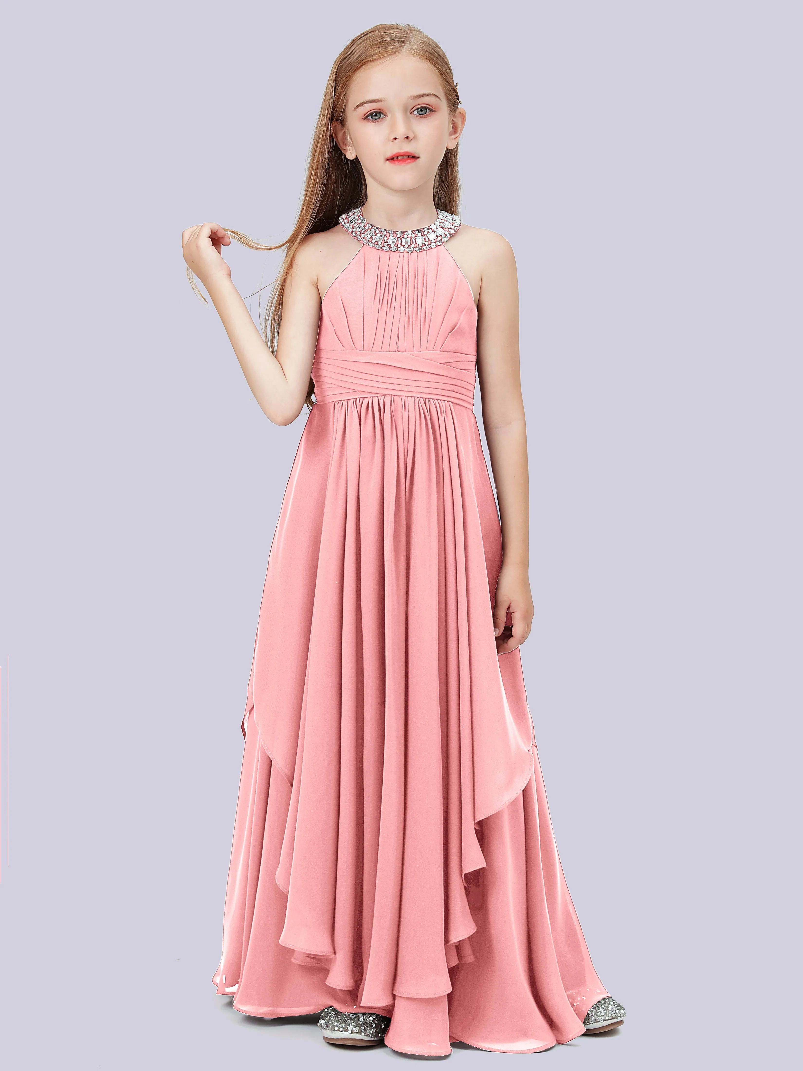 High Neck Junior Bridesmaid Dress with Cascade