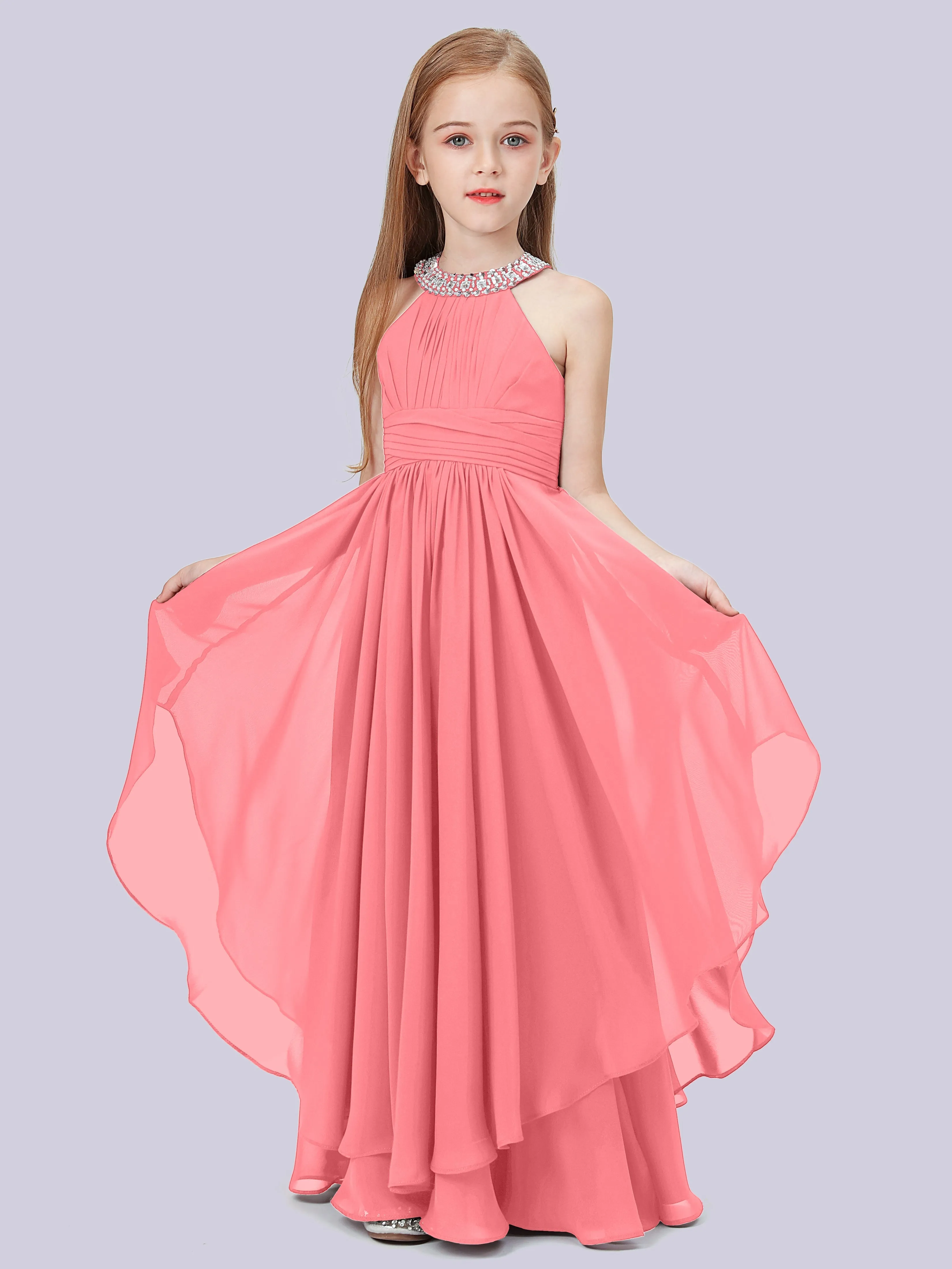 High Neck Junior Bridesmaid Dress with Cascade