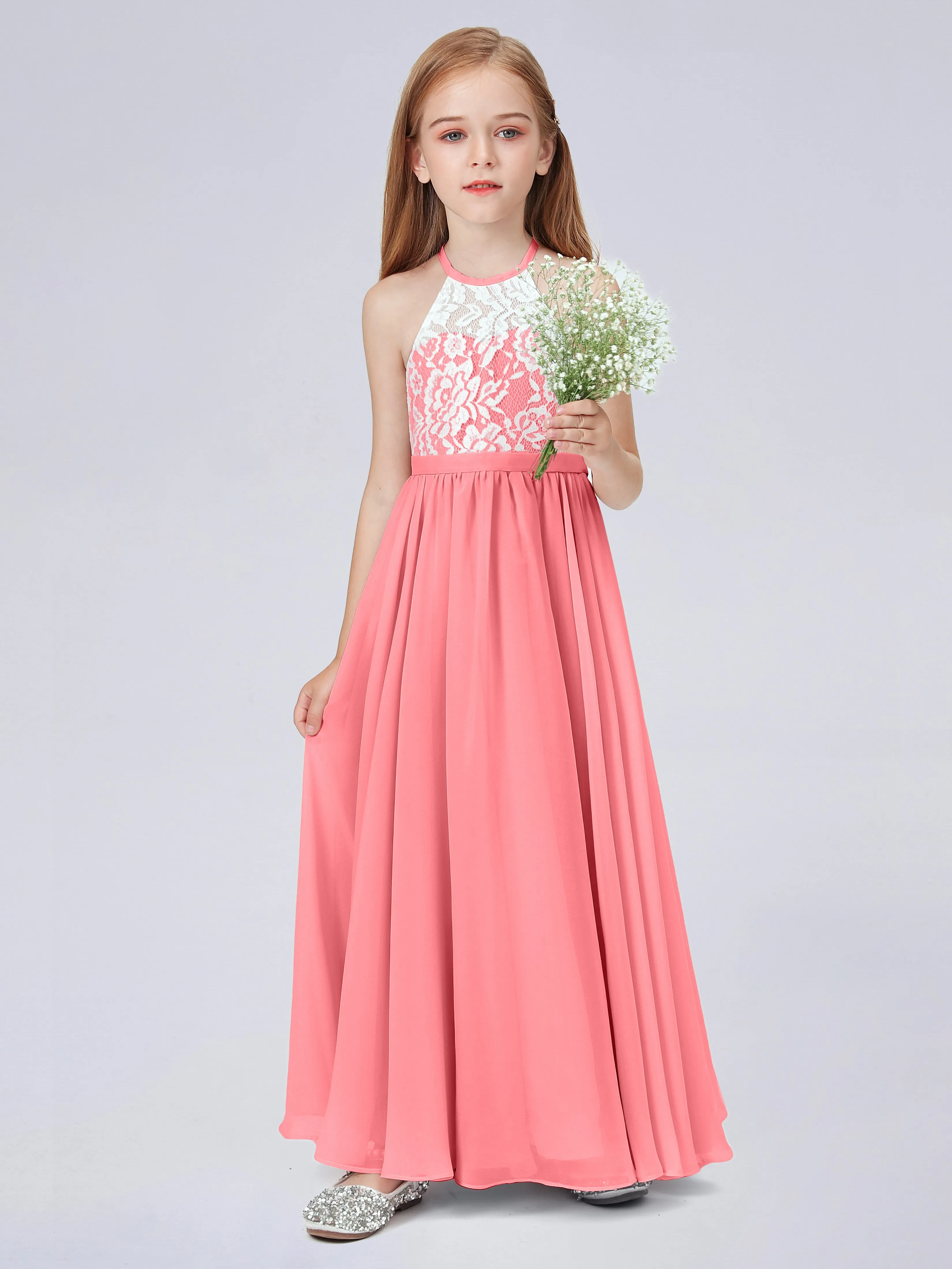 High Neck Lace Junior Bridesmaid Dress