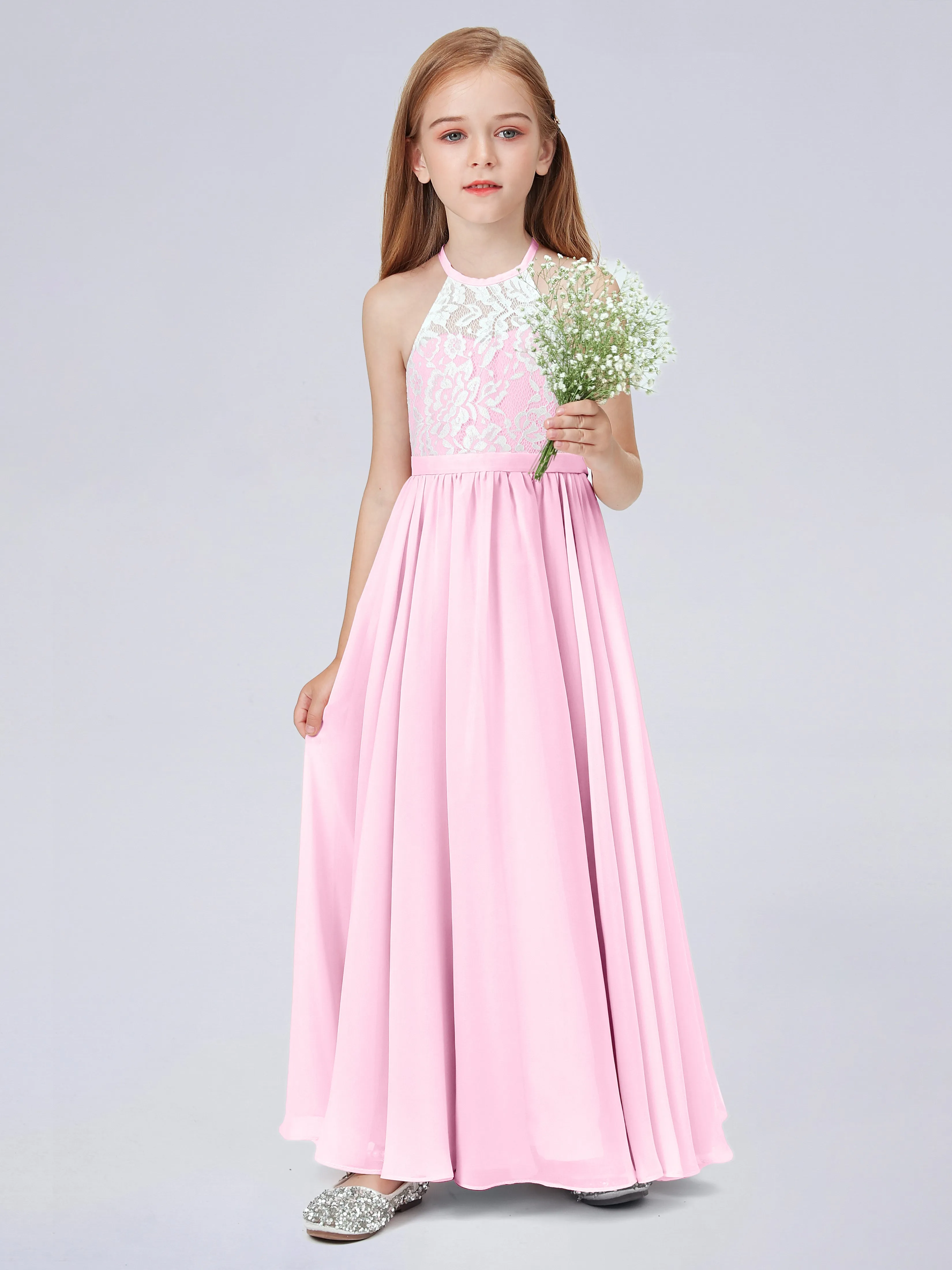 High Neck Lace Junior Bridesmaid Dress