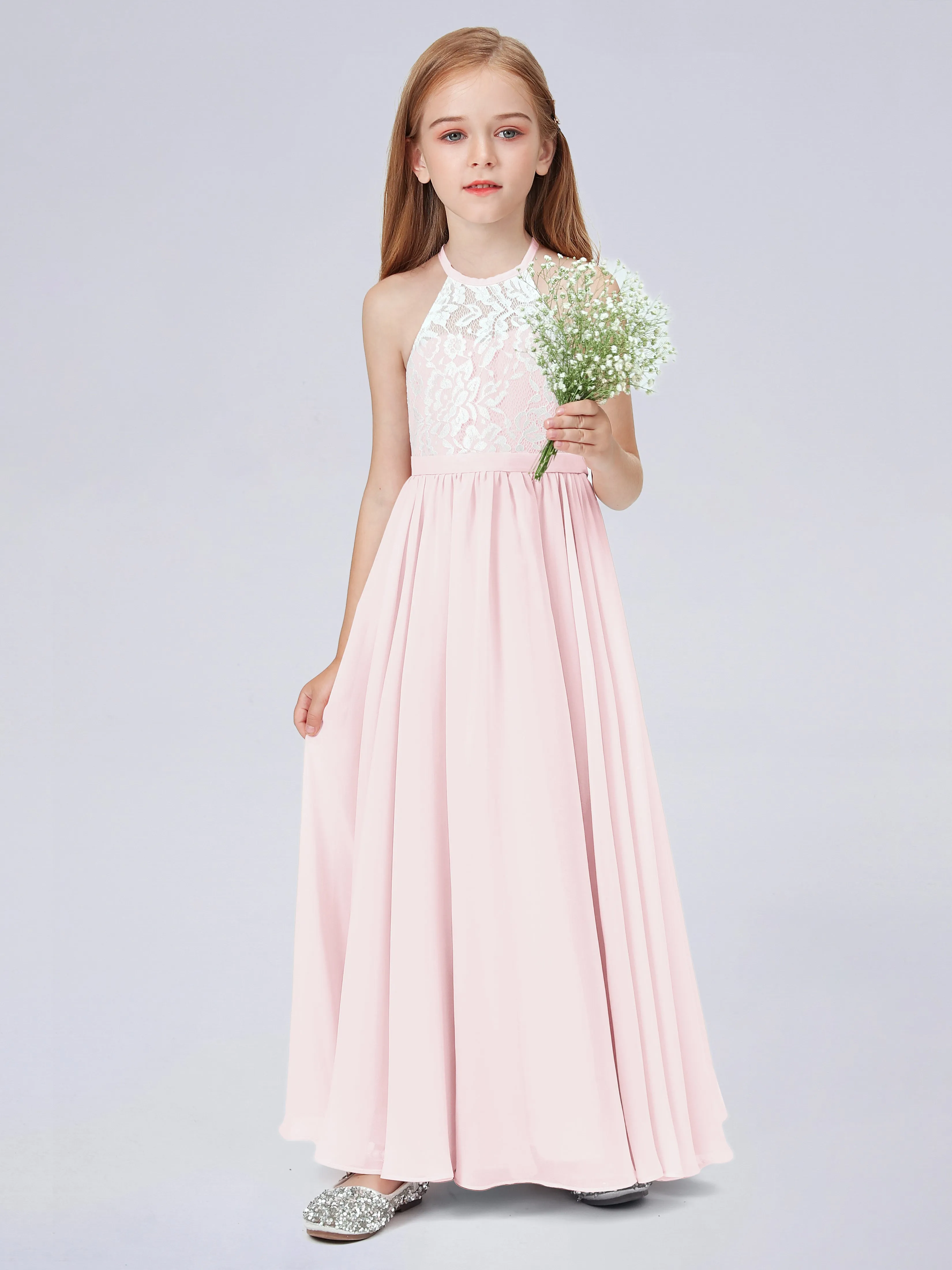 High Neck Lace Junior Bridesmaid Dress