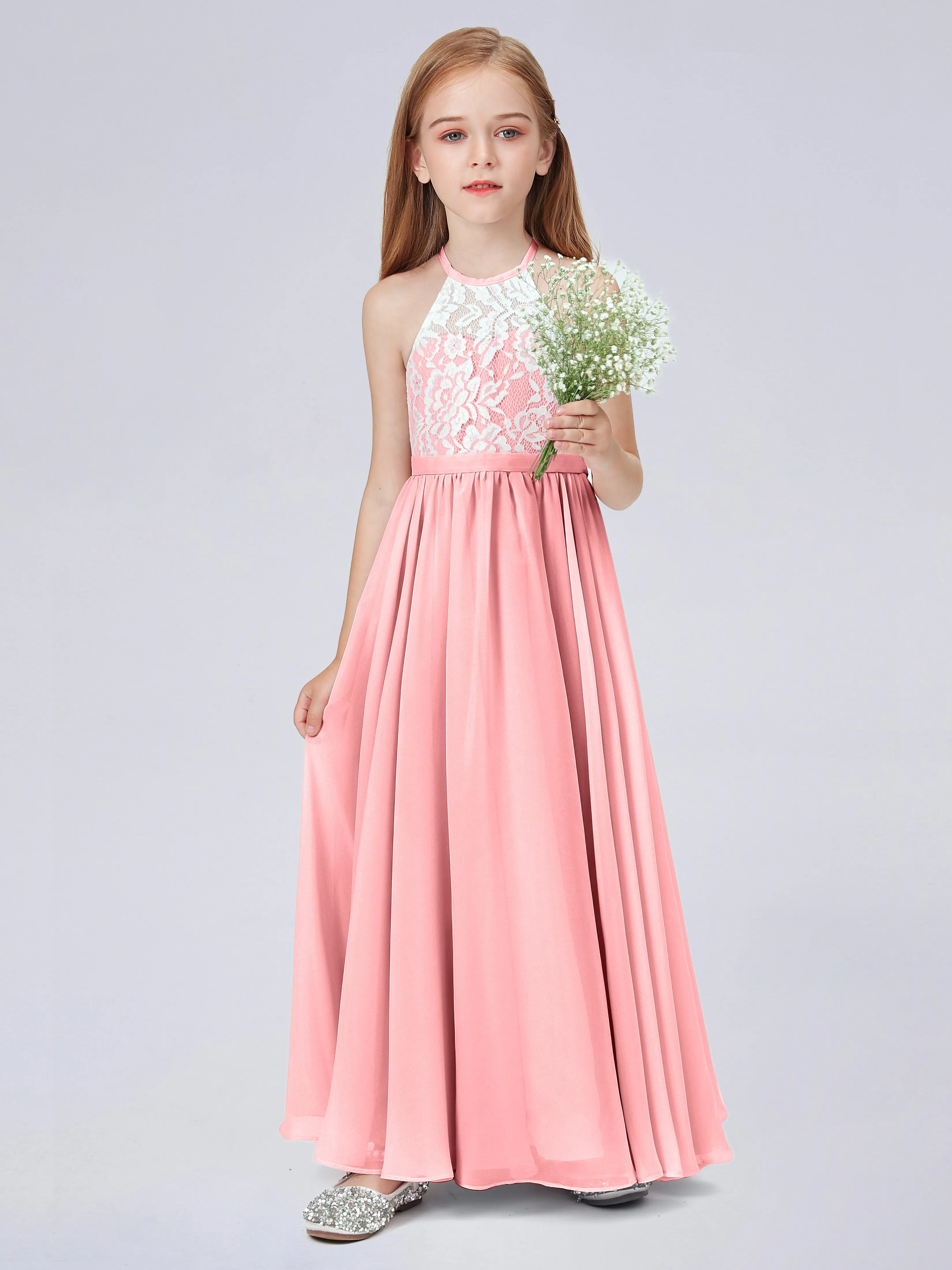 High Neck Lace Junior Bridesmaid Dress