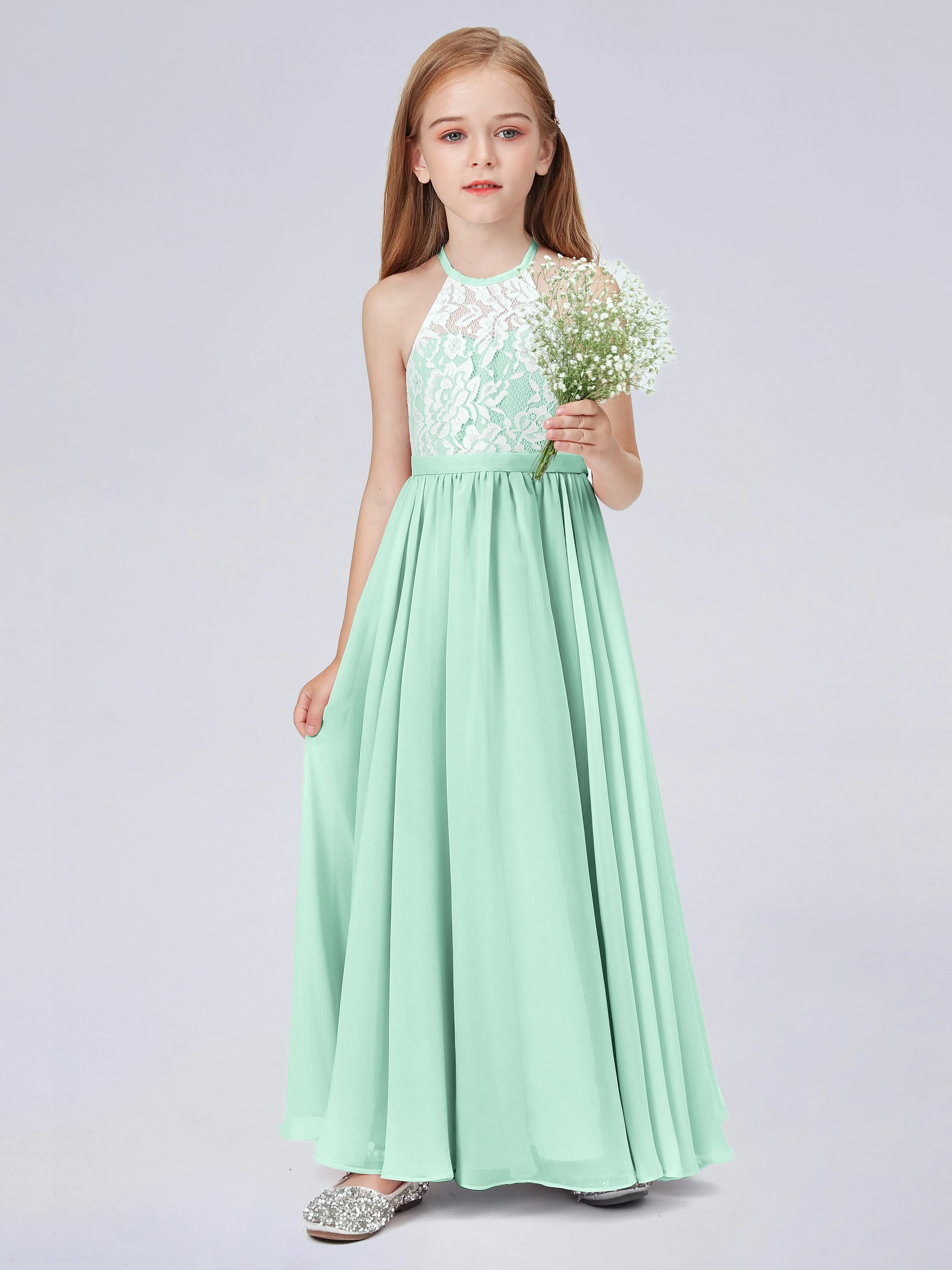 High Neck Lace Junior Bridesmaid Dress