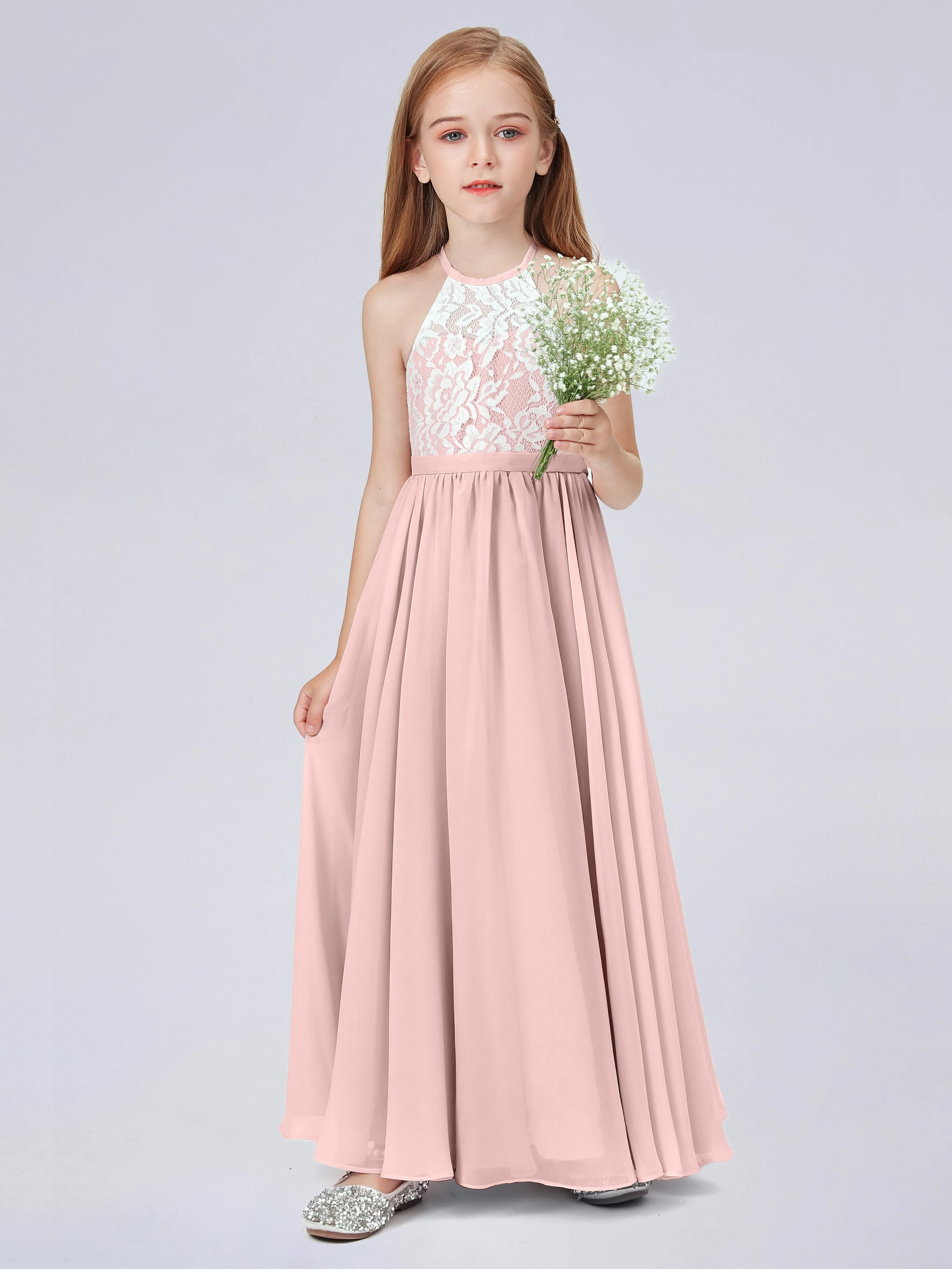 High Neck Lace Junior Bridesmaid Dress