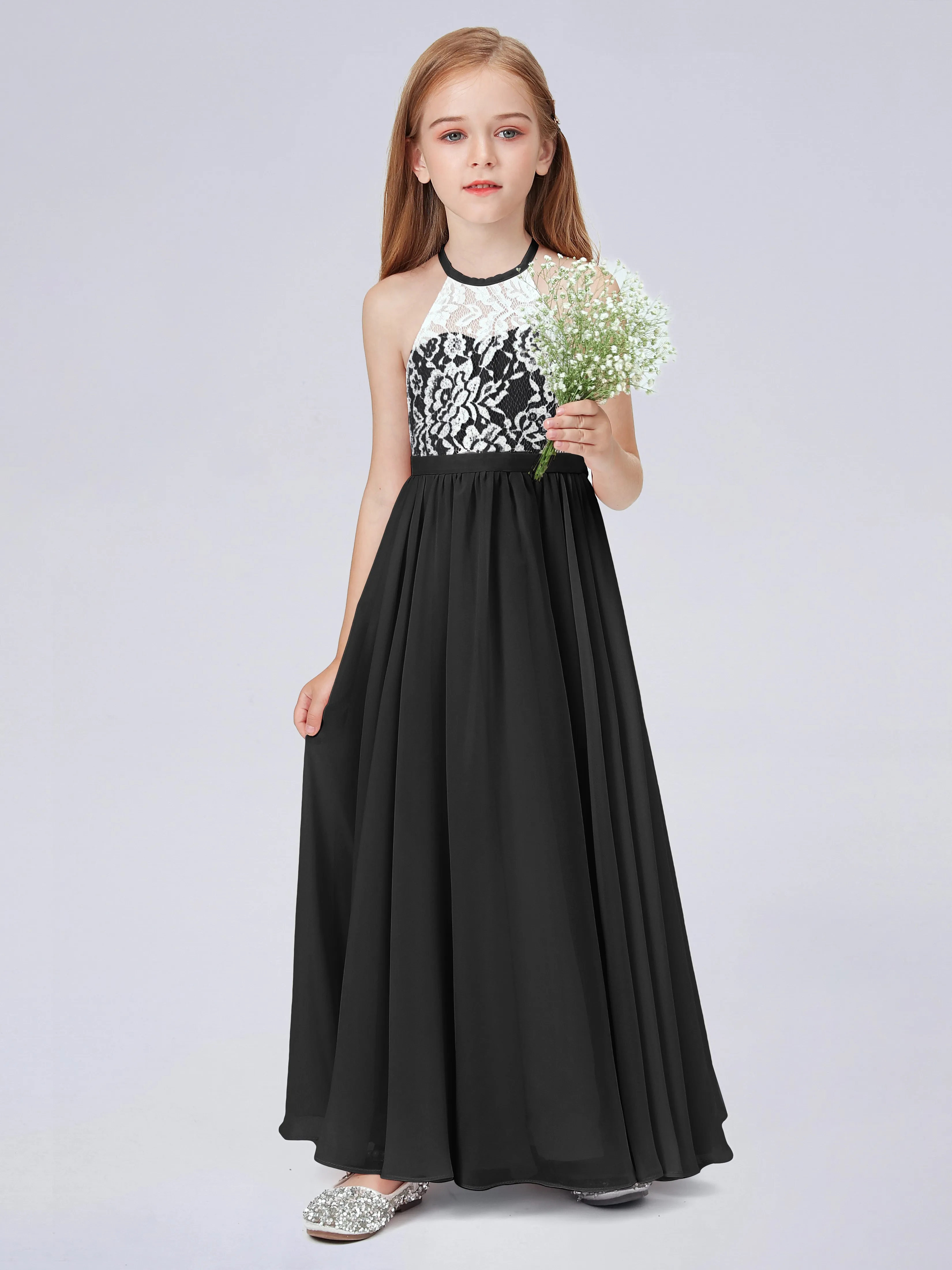 High Neck Lace Junior Bridesmaid Dress