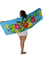 HIGH QUALITY HAND PAINTED TEXTILE FABRIC HALF SARONG OR BEACH SKIRT, SUMMER TABLE RUNNER, SIGNED BY THE ARTIST: DETAILED MOTIFS OF BLOOMING HIBISCUS ON RED BACKROUND, RICH COLORS 74" x 23" (no SC12)