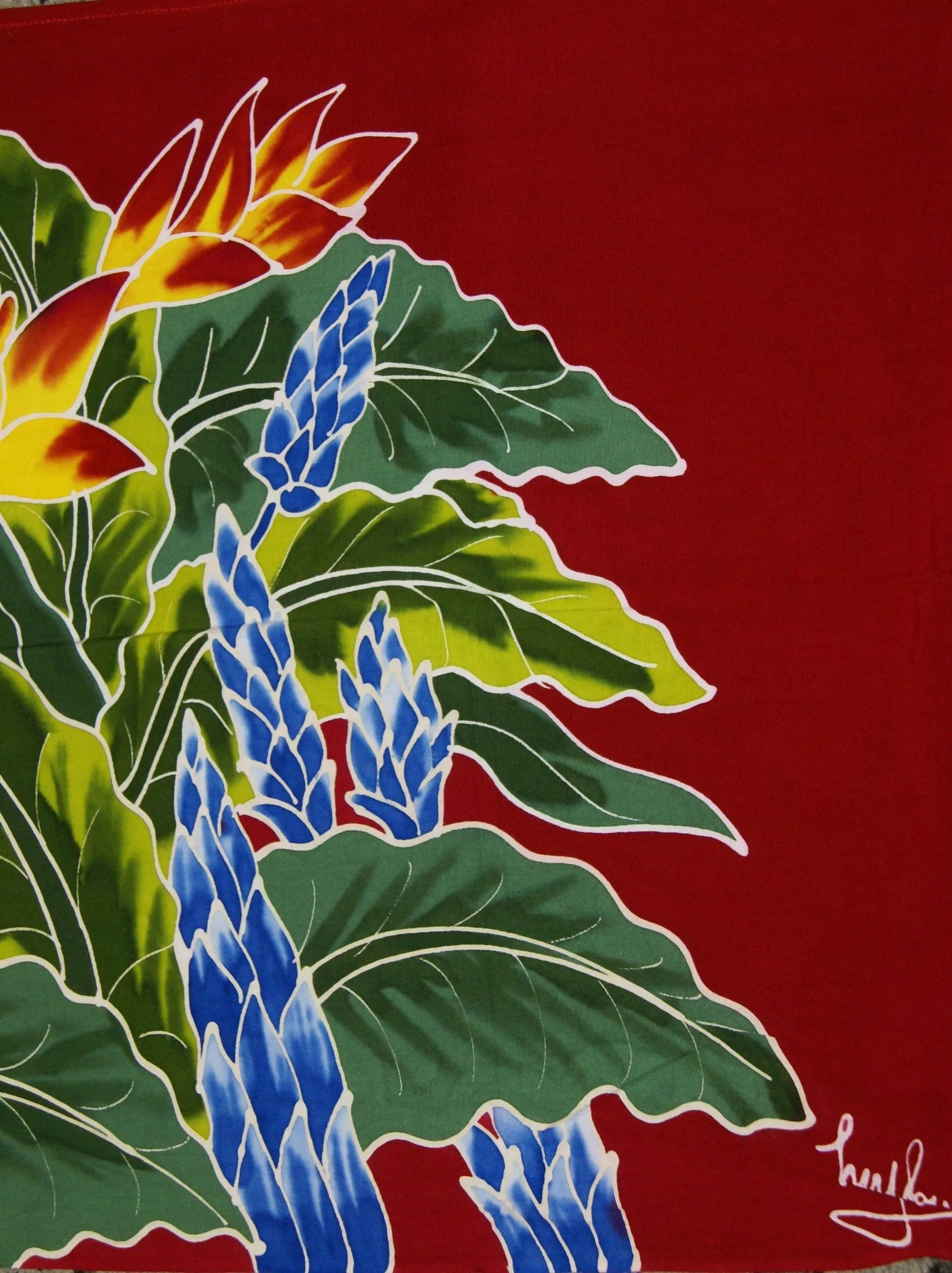 HIGH QUALITY HAND PAINTED TEXTILE FABRIC HALF SARONG OR BEACH SKIRT, SUMMER TABLE RUNNER, SIGNED BY THE ARTIST: DETAILED MOTIFS OF BLOOMING HIBISCUS ON RED BACKROUND, RICH COLORS 74" x 23" (no SC12)