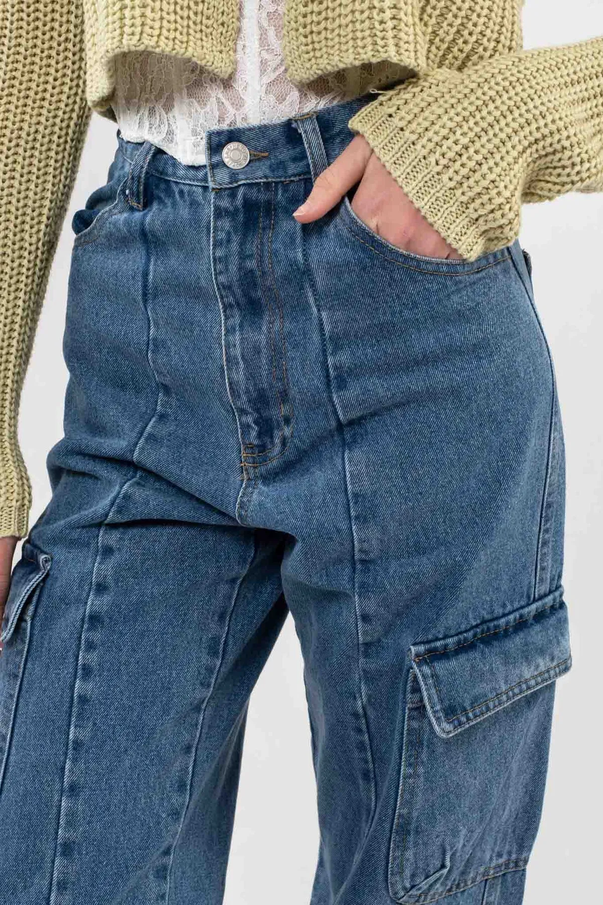 High Waist Denim Cargo Pants