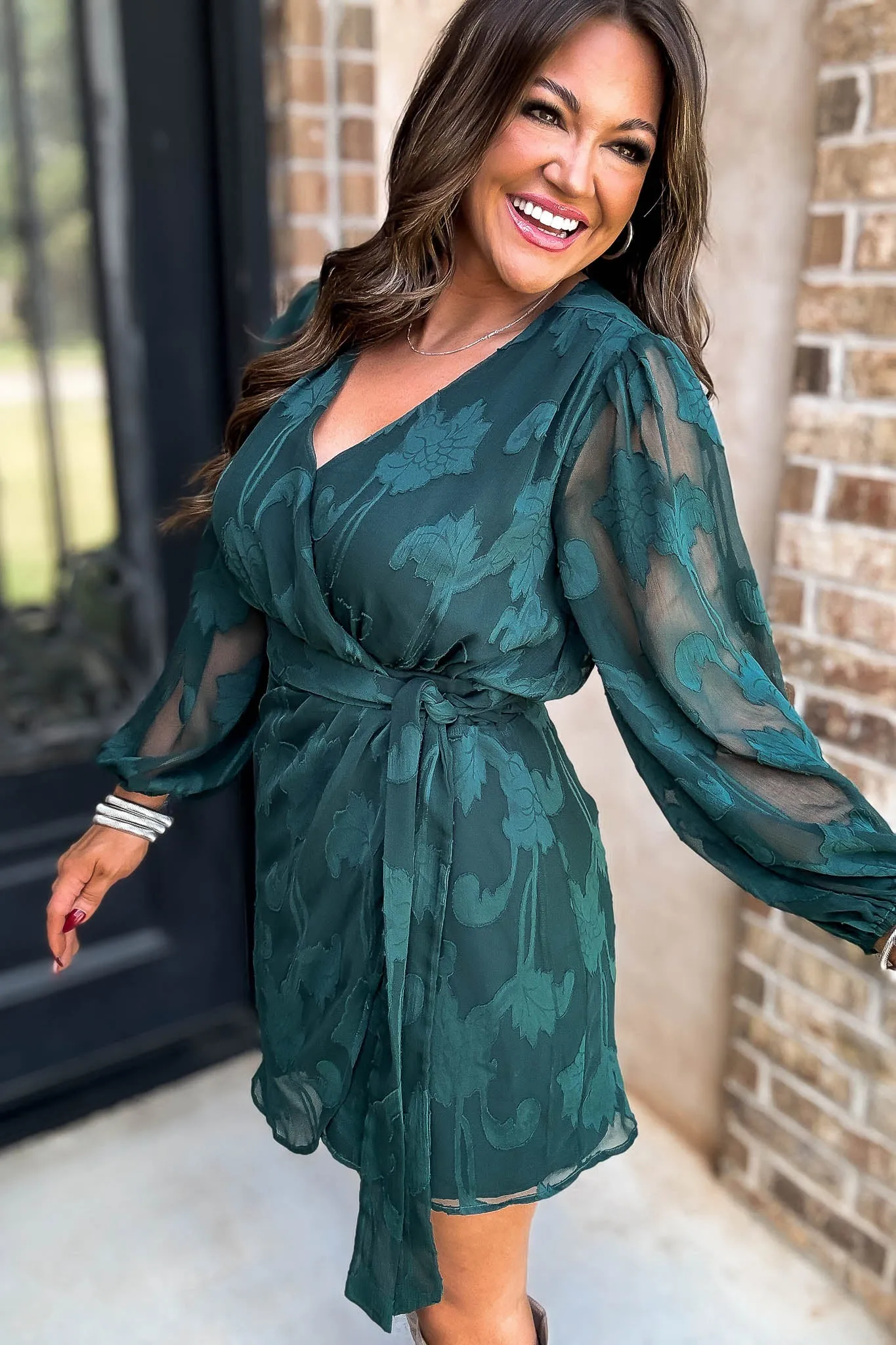 Hunter Green 3/4 Balloon Sleeve Wrap Dress