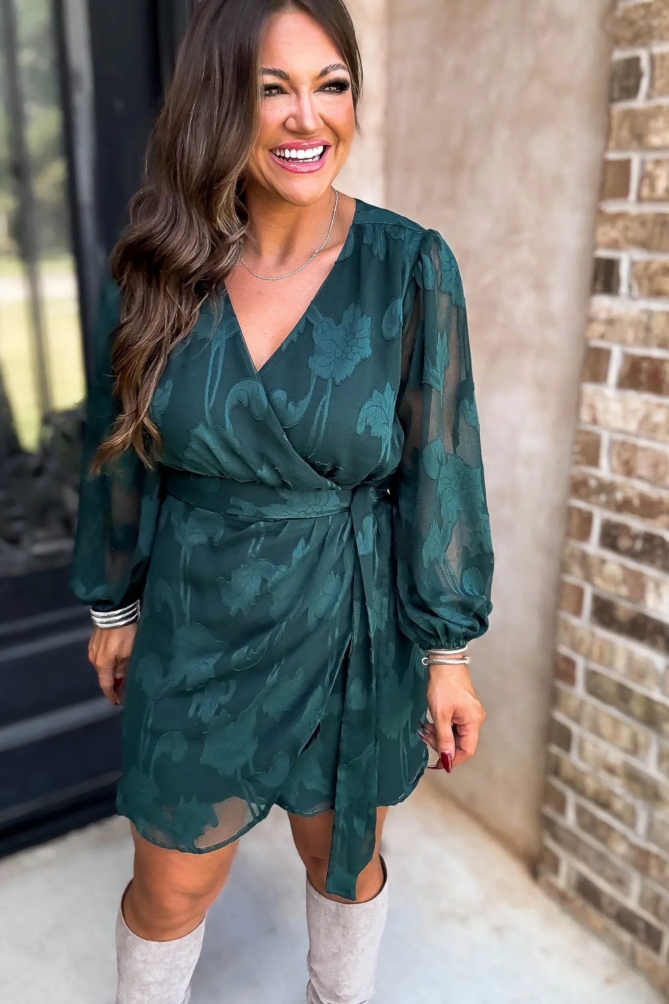 Hunter Green 3/4 Balloon Sleeve Wrap Dress