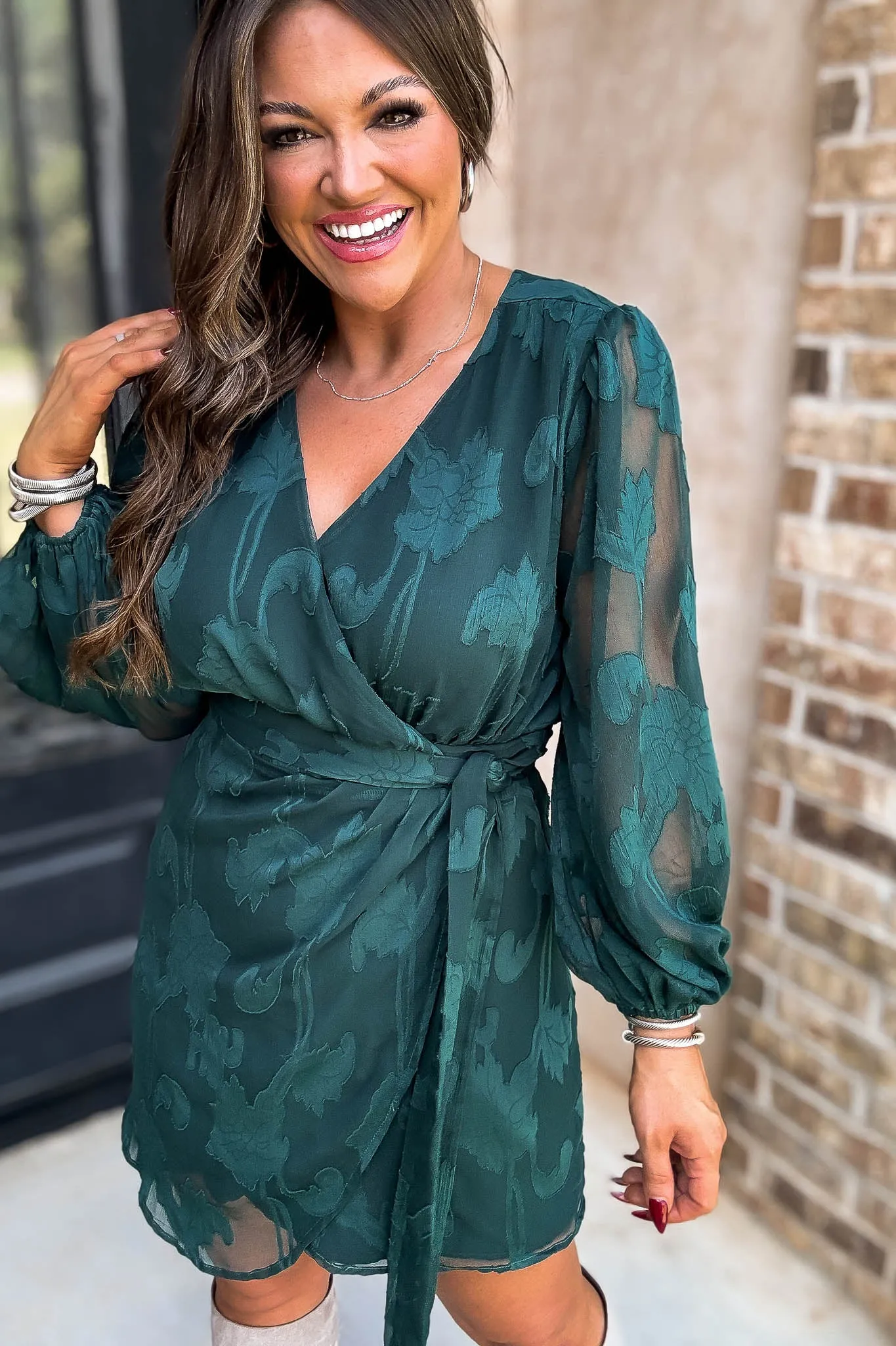 Hunter Green 3/4 Balloon Sleeve Wrap Dress